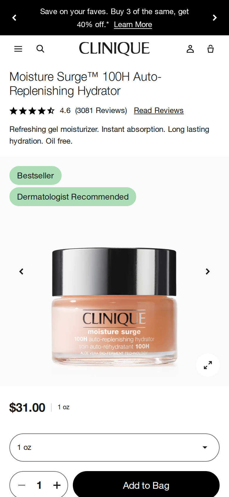 Clinique page at phone width