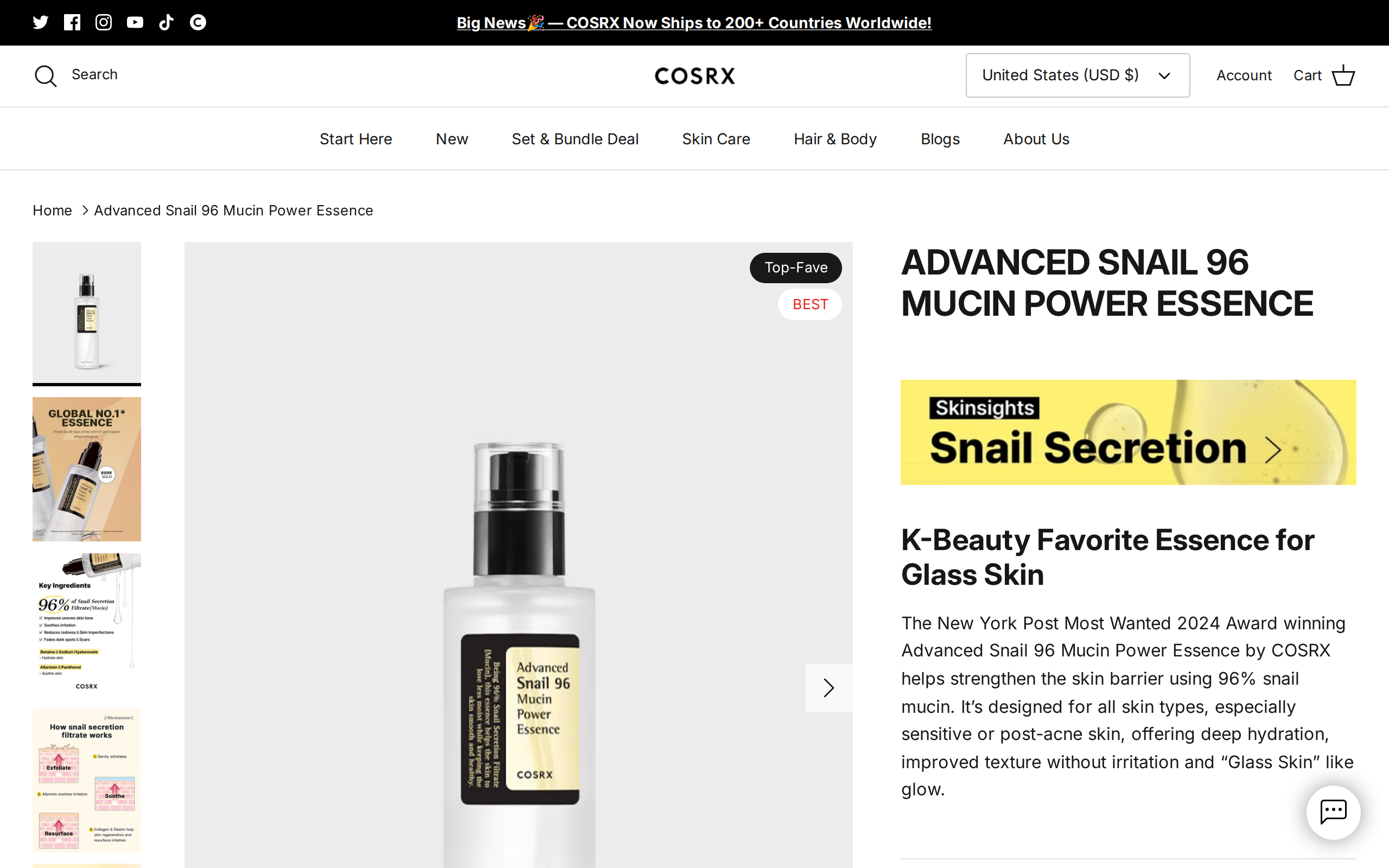 COSRX US product page for Advanced Snail 96 Mucin Power Essence with award badge and Glass Skin heading