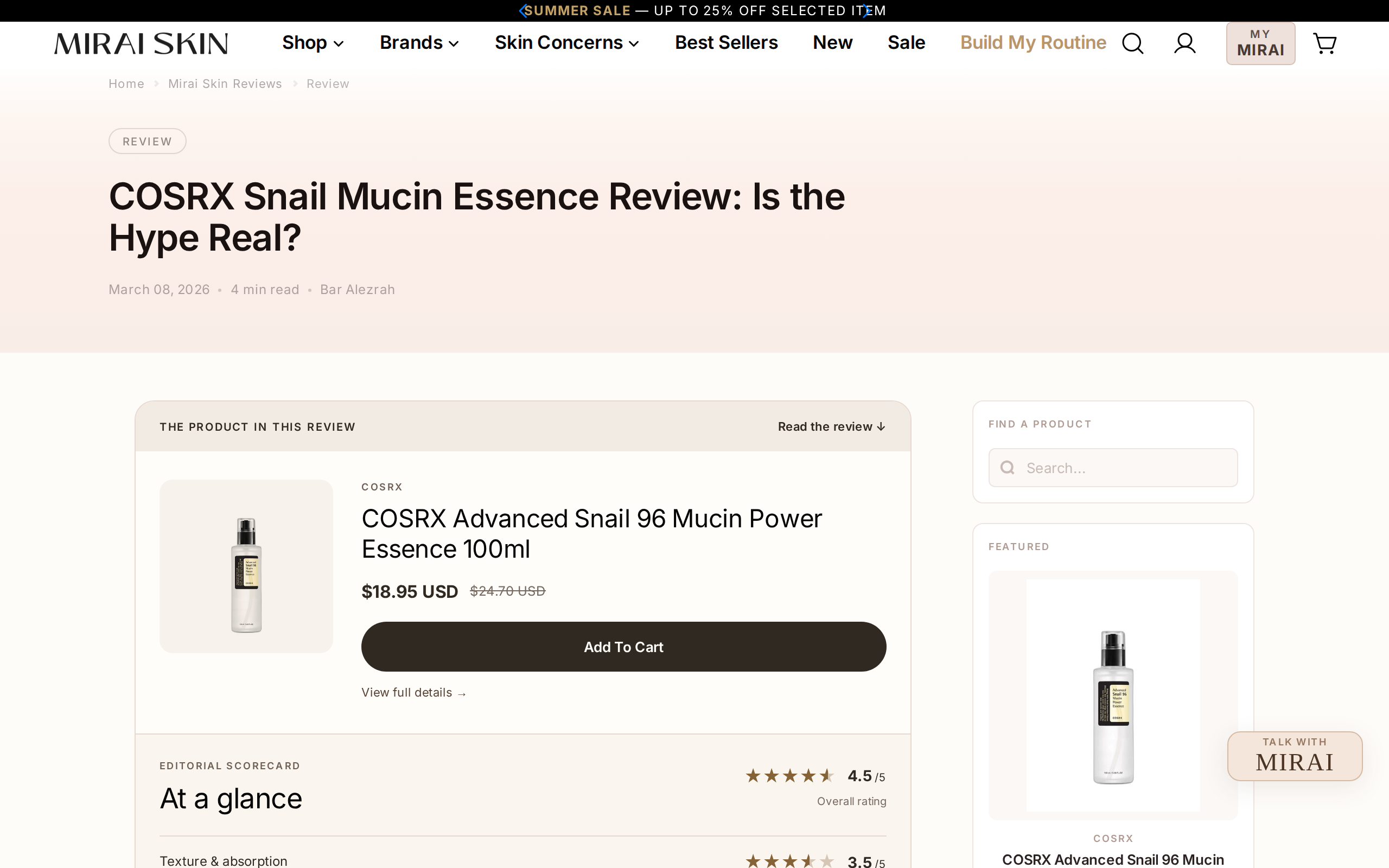 Mirai Skin's review page titled COSRX Snail Mucin Essence Review: Is the Hype Real?, showing the 100 ml bottle at $18.95