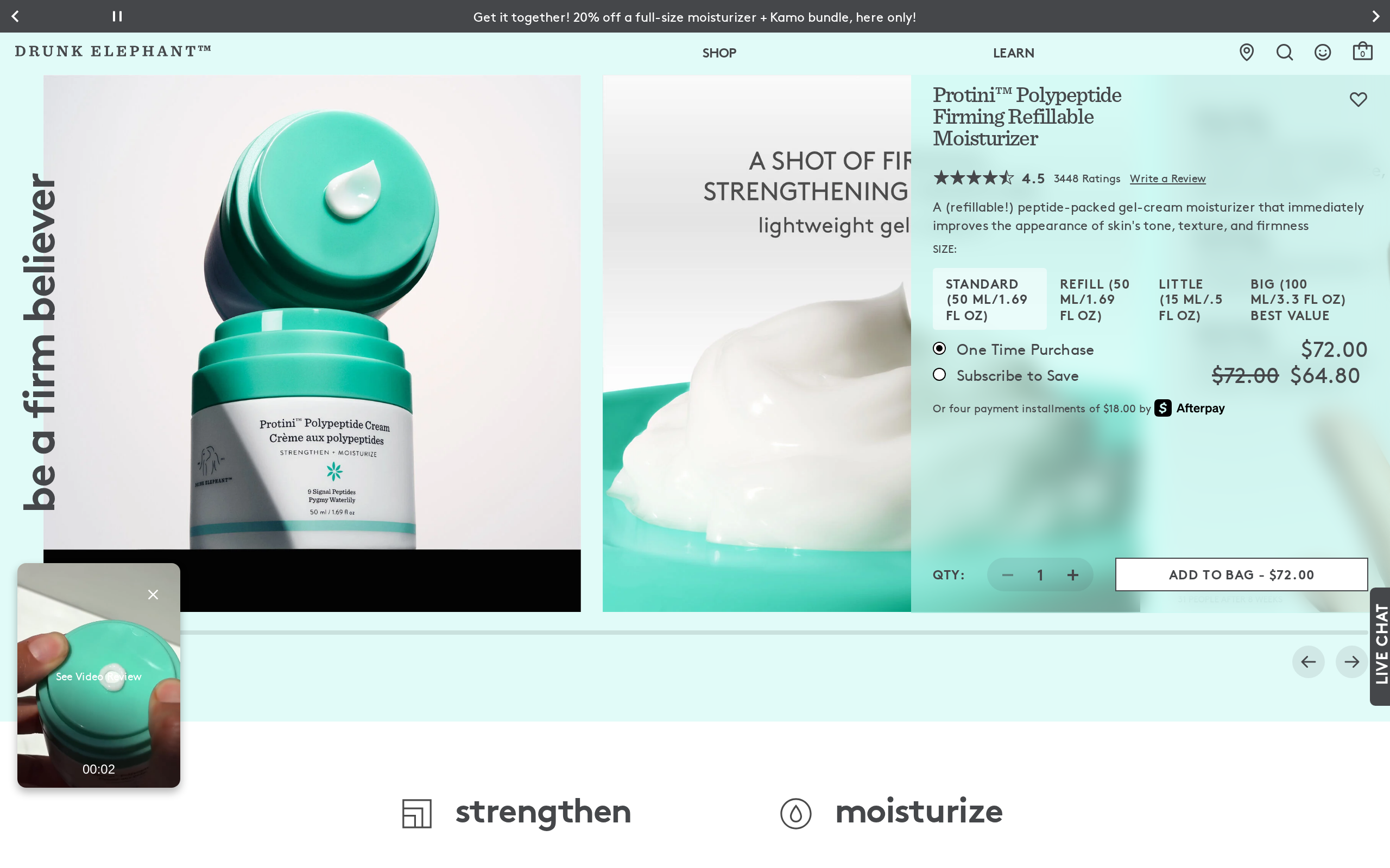 Drunk Elephant product page for Protini Polypeptide Firming Refillable Moisturizer showing the title, product photos and a $72.00 price