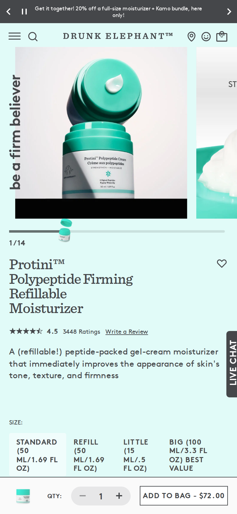 Mobile view of the Protini product page