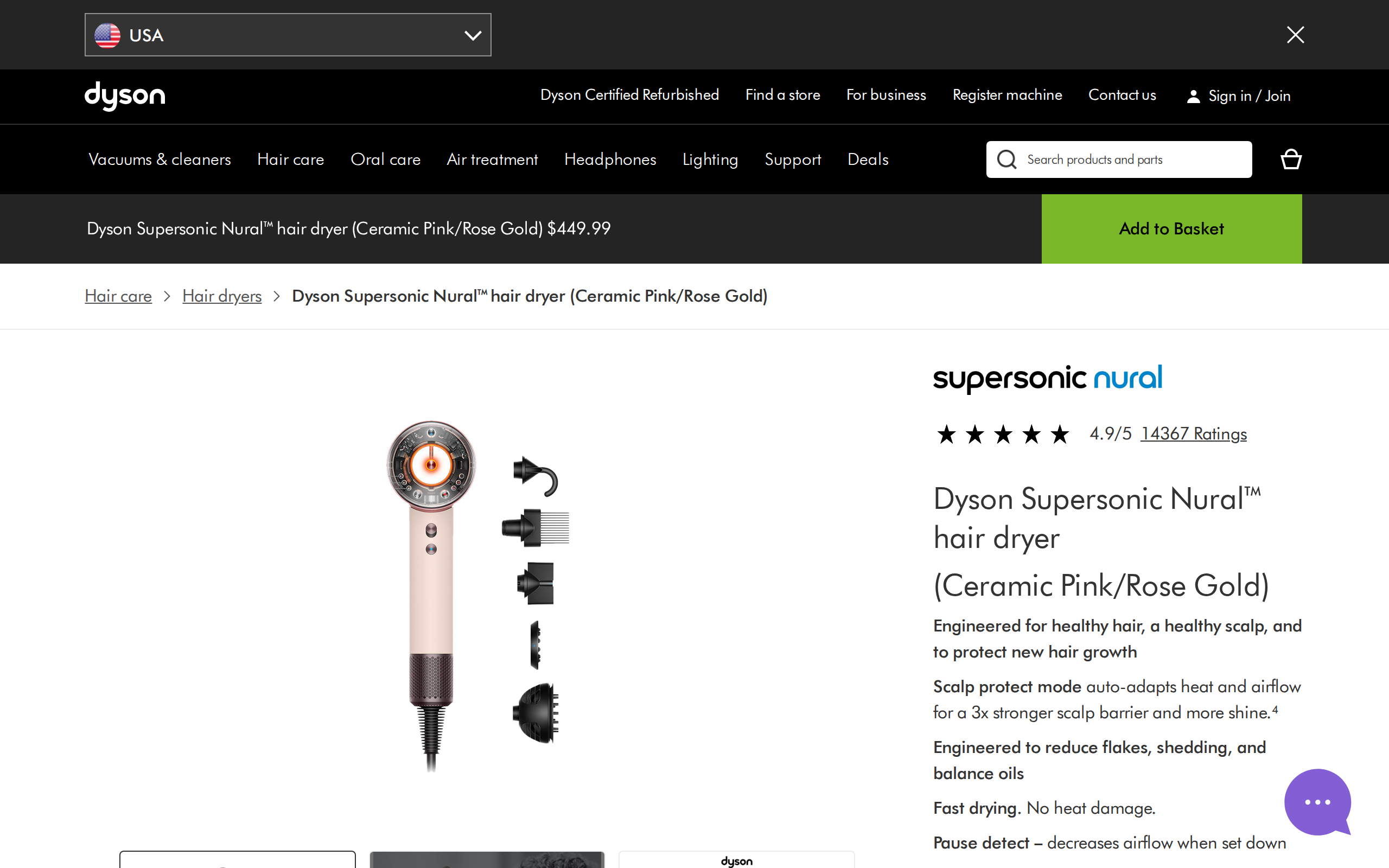 Dyson product page for the Supersonic Nural hair dryer in Ceramic Pink/Rose Gold