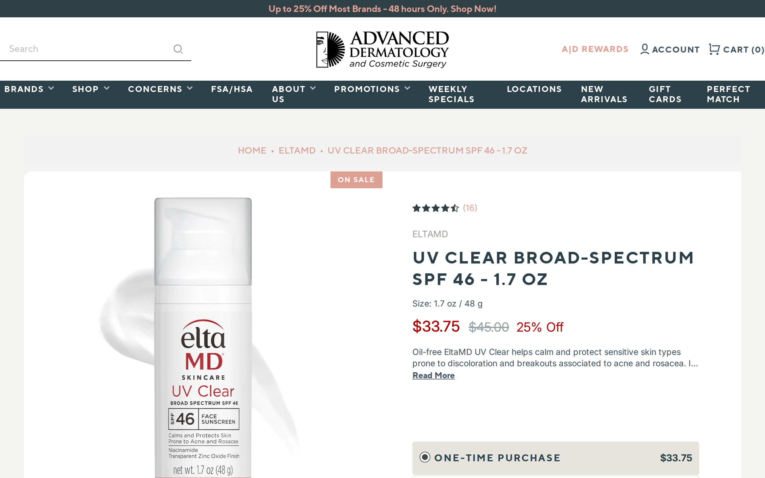 Advanced Dermatology store page for EltaMD UV Clear Broad-Spectrum SPF 46, 1.7 oz