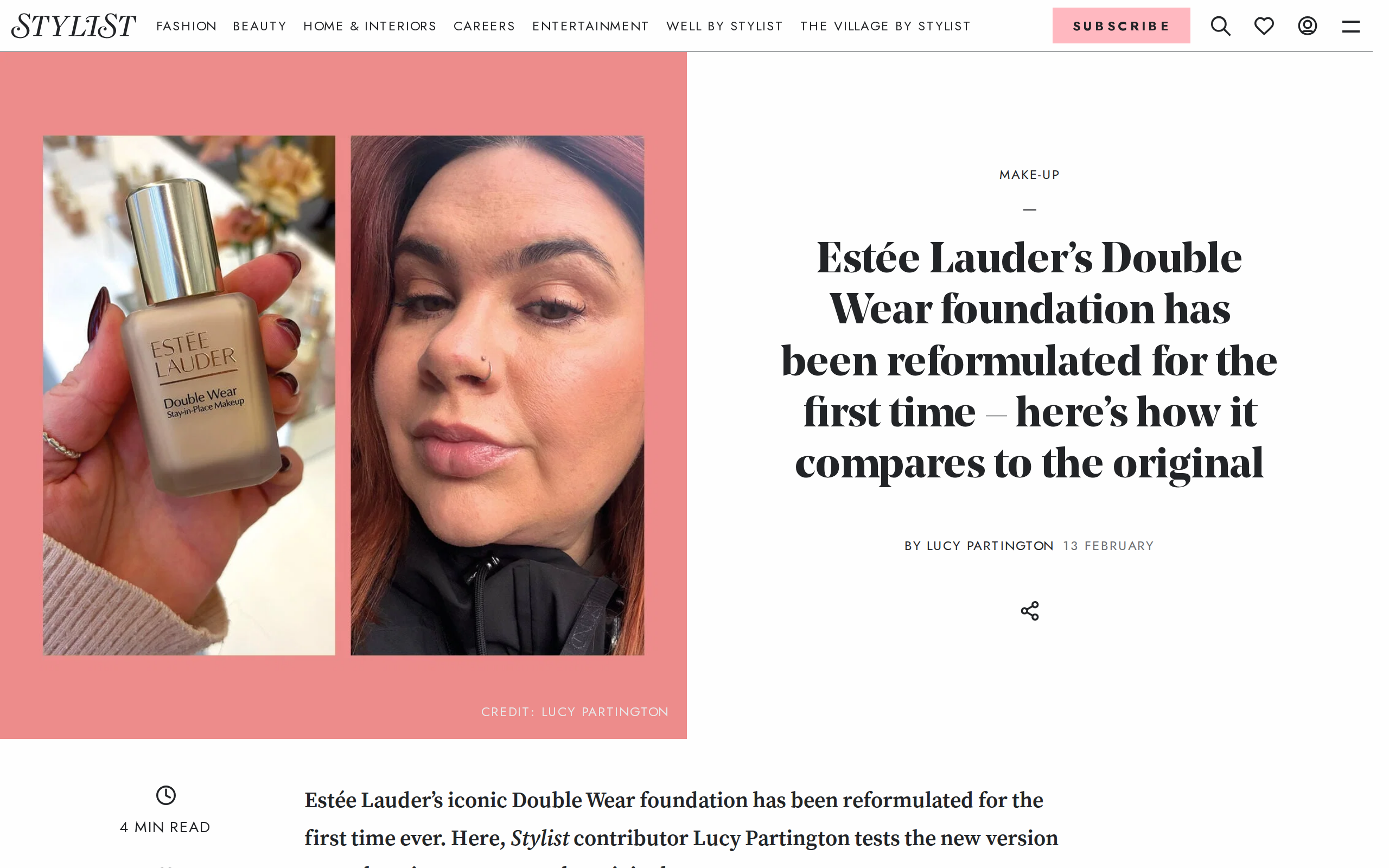 Stylist article page on the reformulated Estee Lauder Double Wear foundation, with the headline and a product photograph
