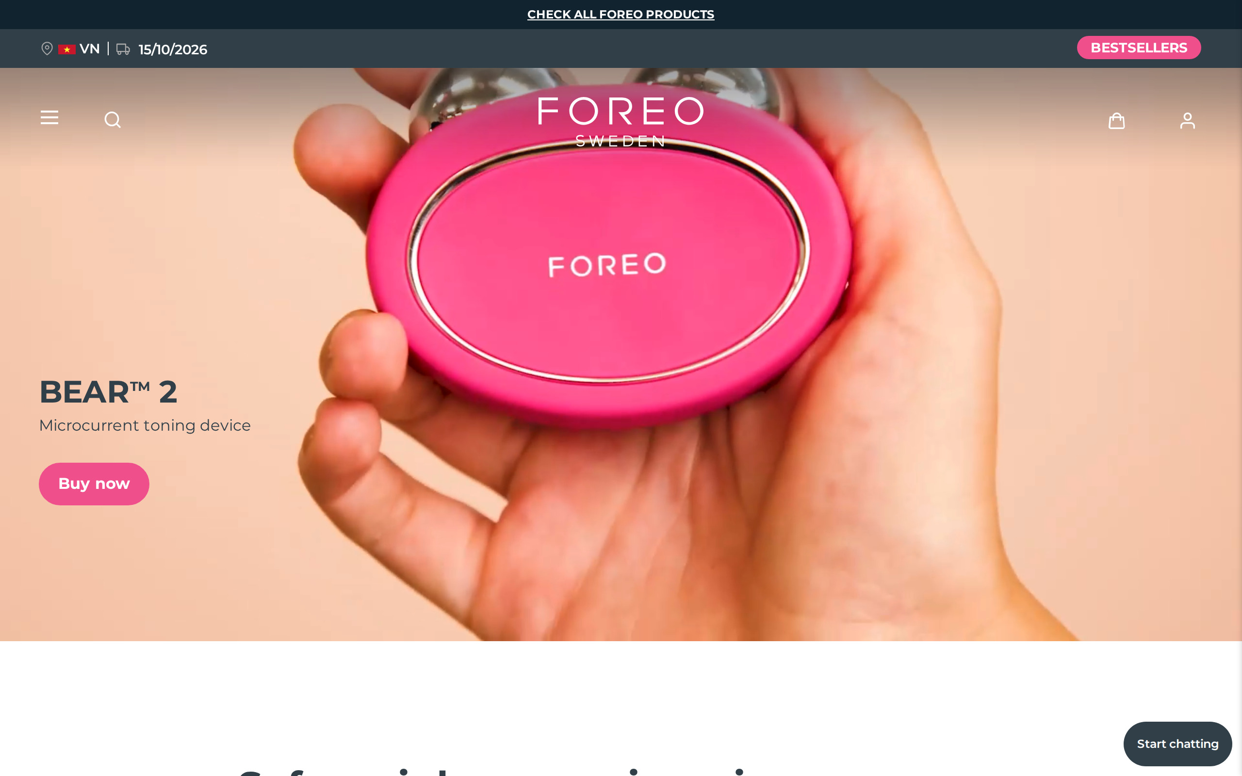 FOREO BEAR 2 collection page with the heading Safe, painless, non-invasive alternative to surgery