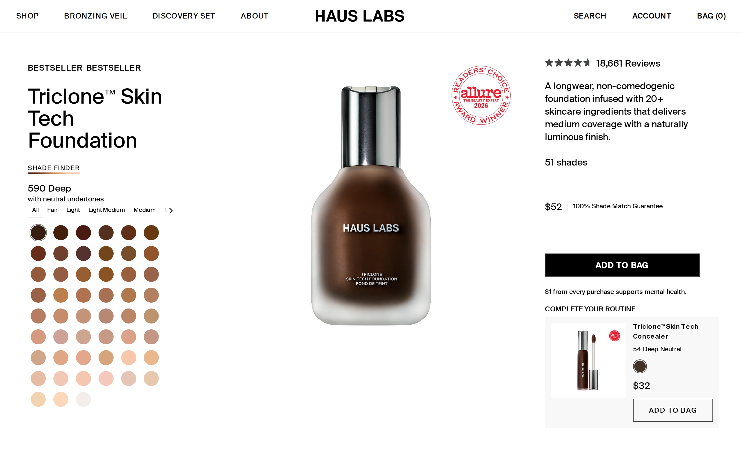 Haus Labs product page for Triclone Skin Tech Foundation with a deep shade swatch and a $52 price