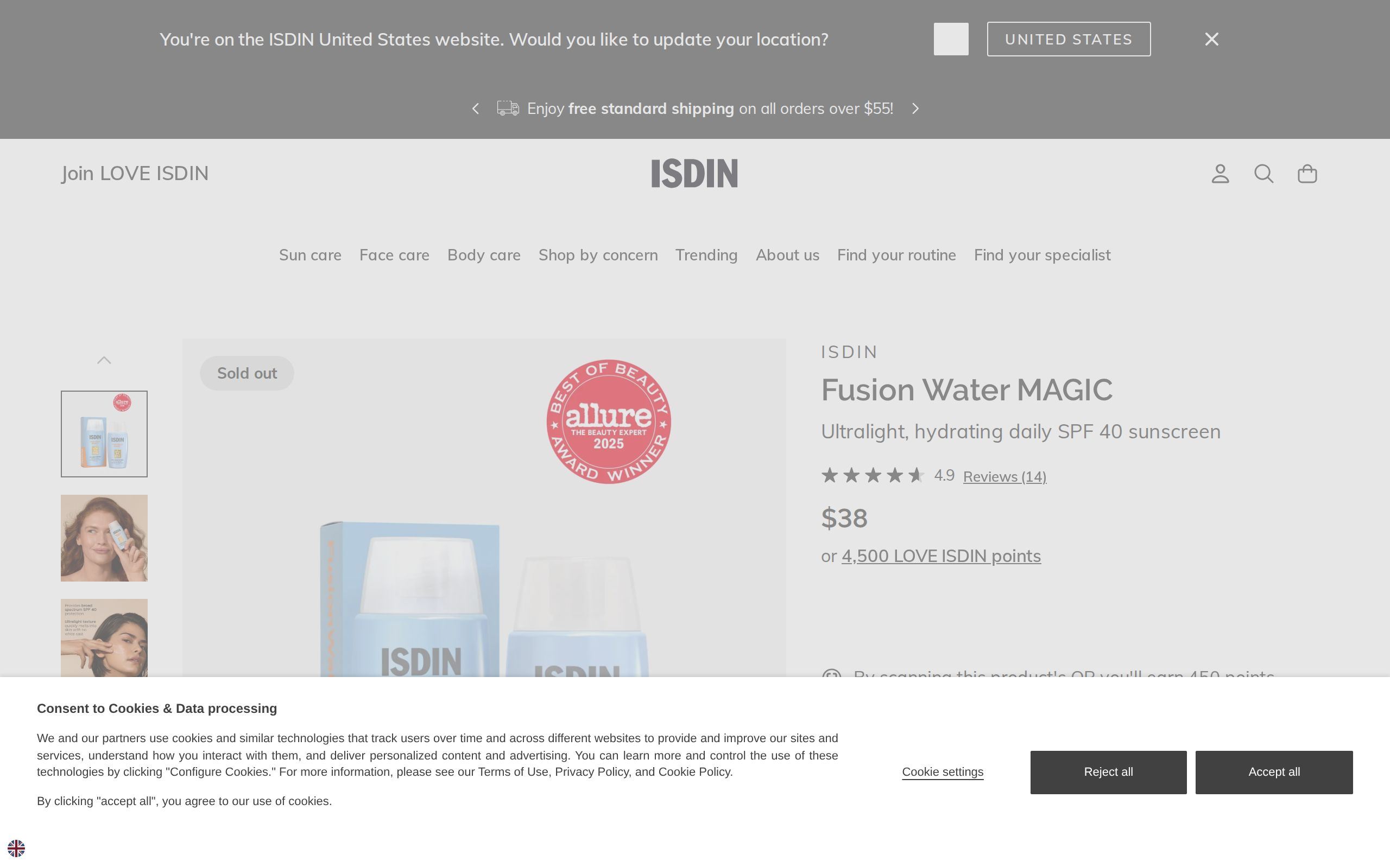 ISDIN US product page for Fusion Water MAGIC listing an ultralight hydrating daily SPF 40 sunscreen at $38