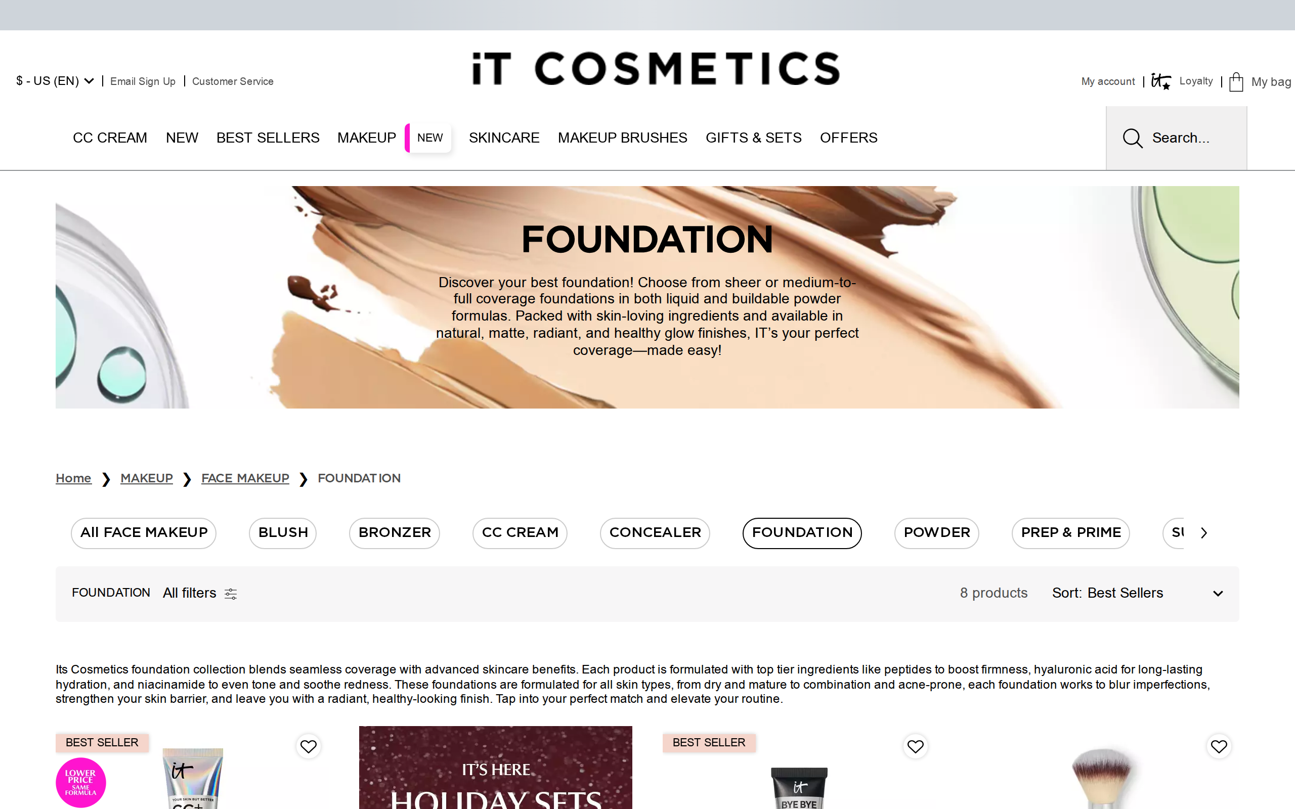IT Cosmetics foundation collection page