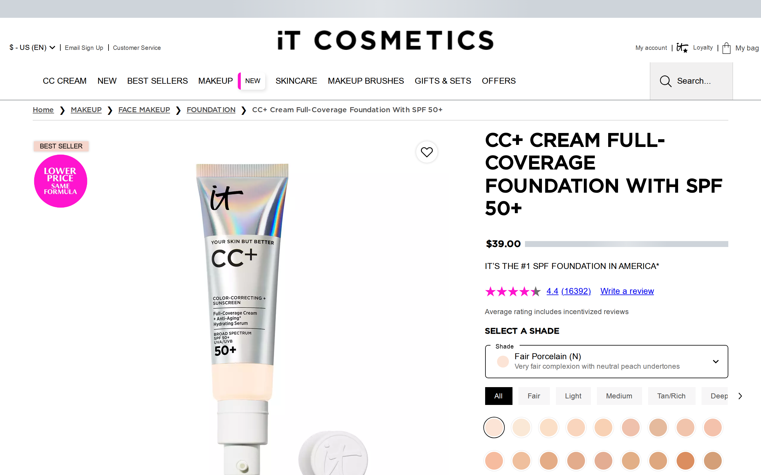 IT Cosmetics product page for the CC+ Cream Full-Coverage Foundation with SPF 50+, priced $39.00