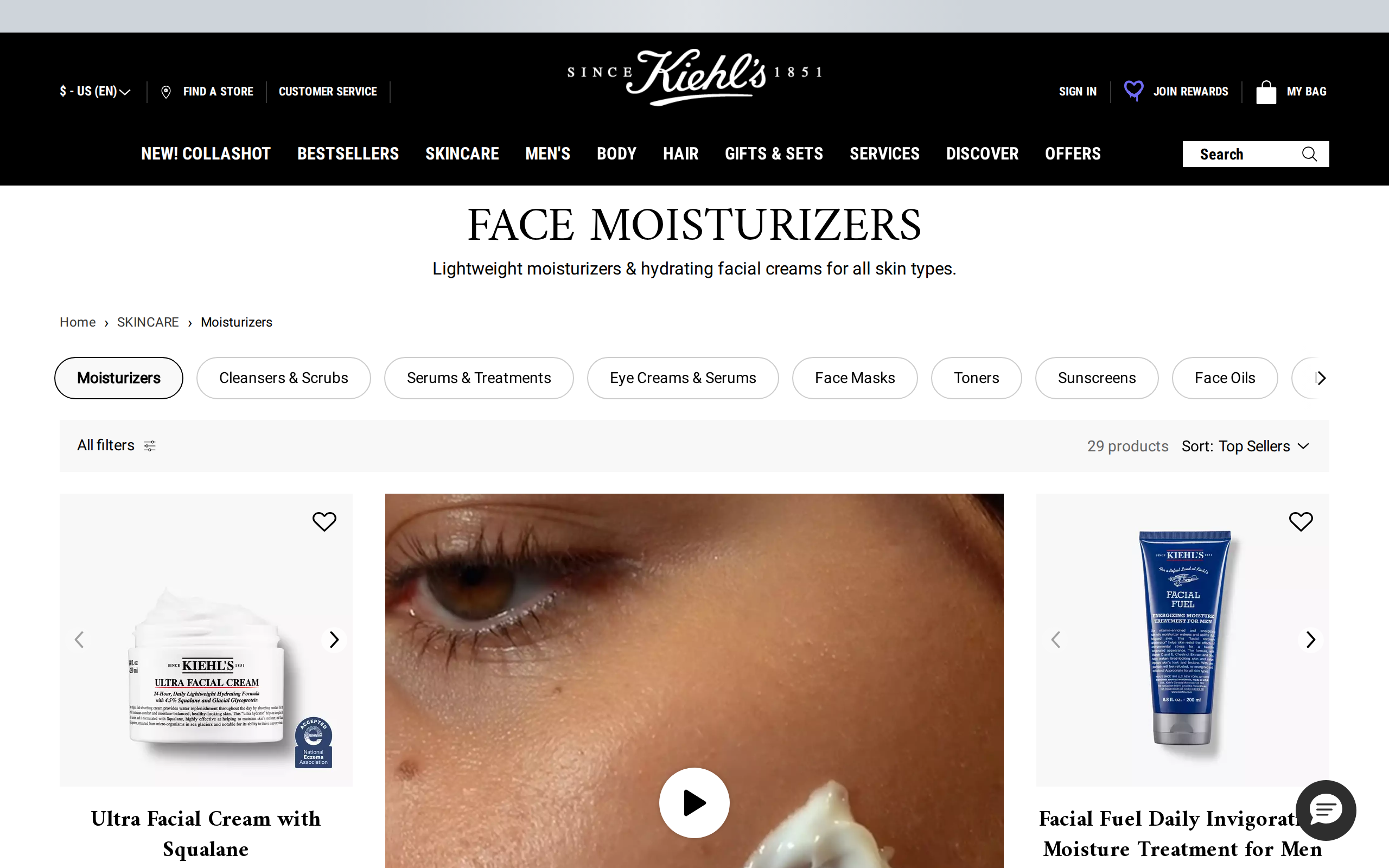 Kiehl's face moisturizers category page