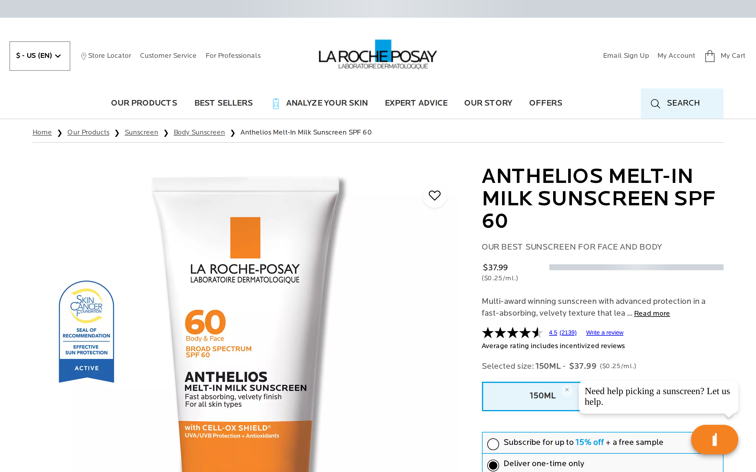 La Roche-Posay product page for Anthelios Melt-in Milk Sunscreen SPF 60 with product photos and a $37.99 price