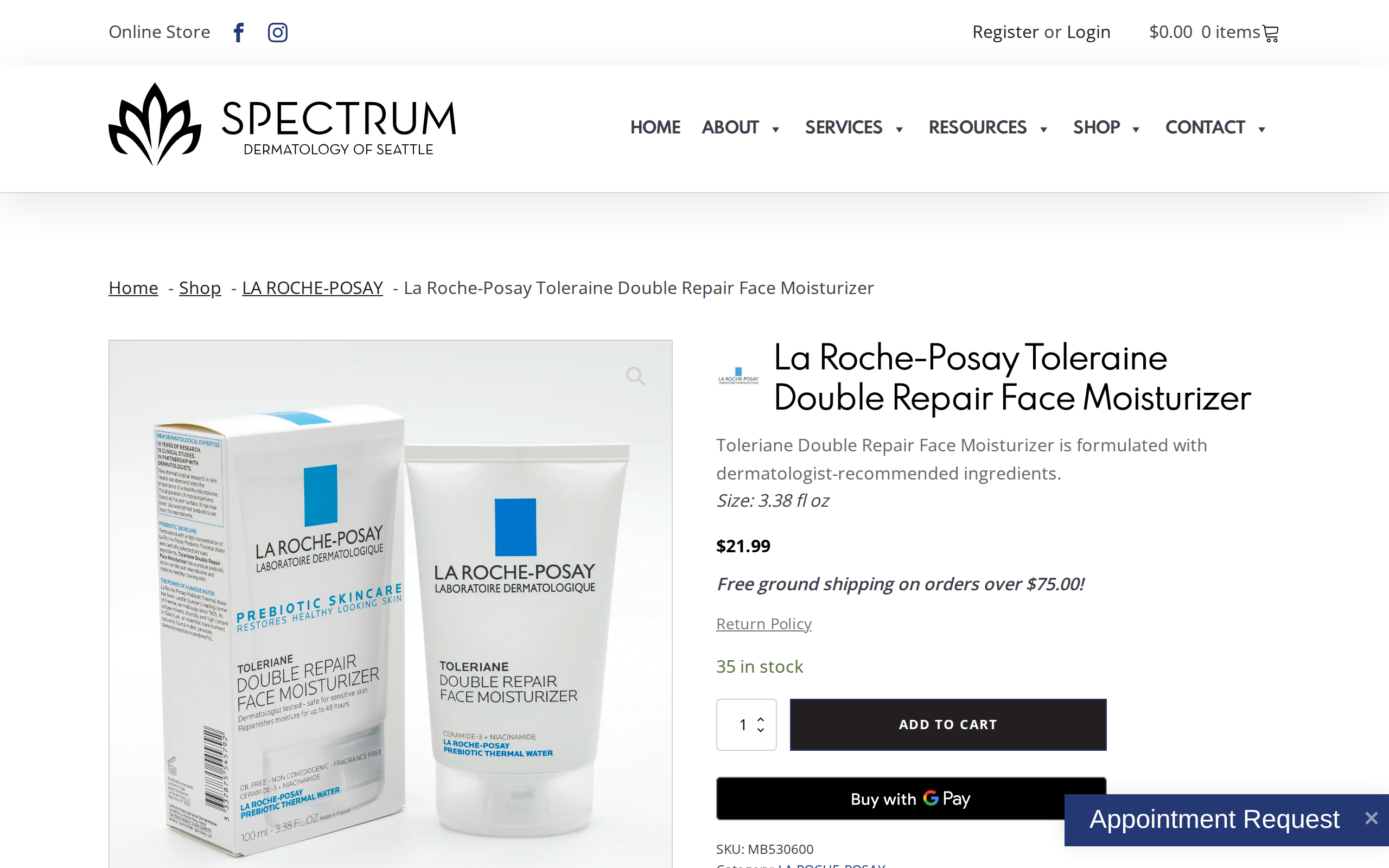 Spectrum Dermatology page for the La Roche-Posay Toleriane Double Repair Face Moisturizer