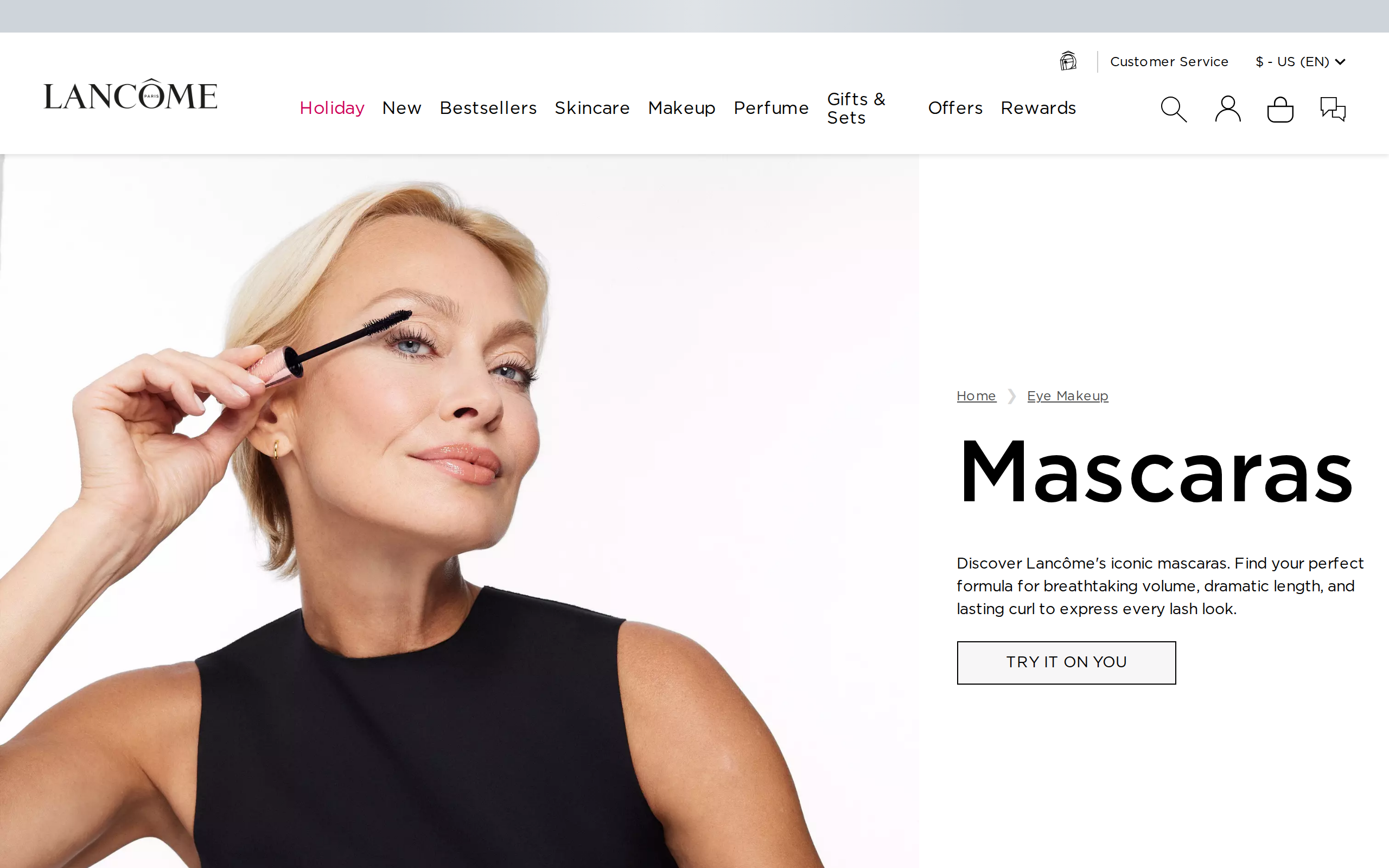 Lancôme's mascara category page with a banner photo