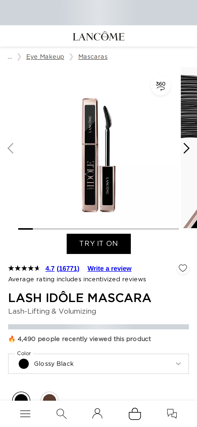 Phone-width view of Lancôme's Lash Idôle page with the heading and two product images