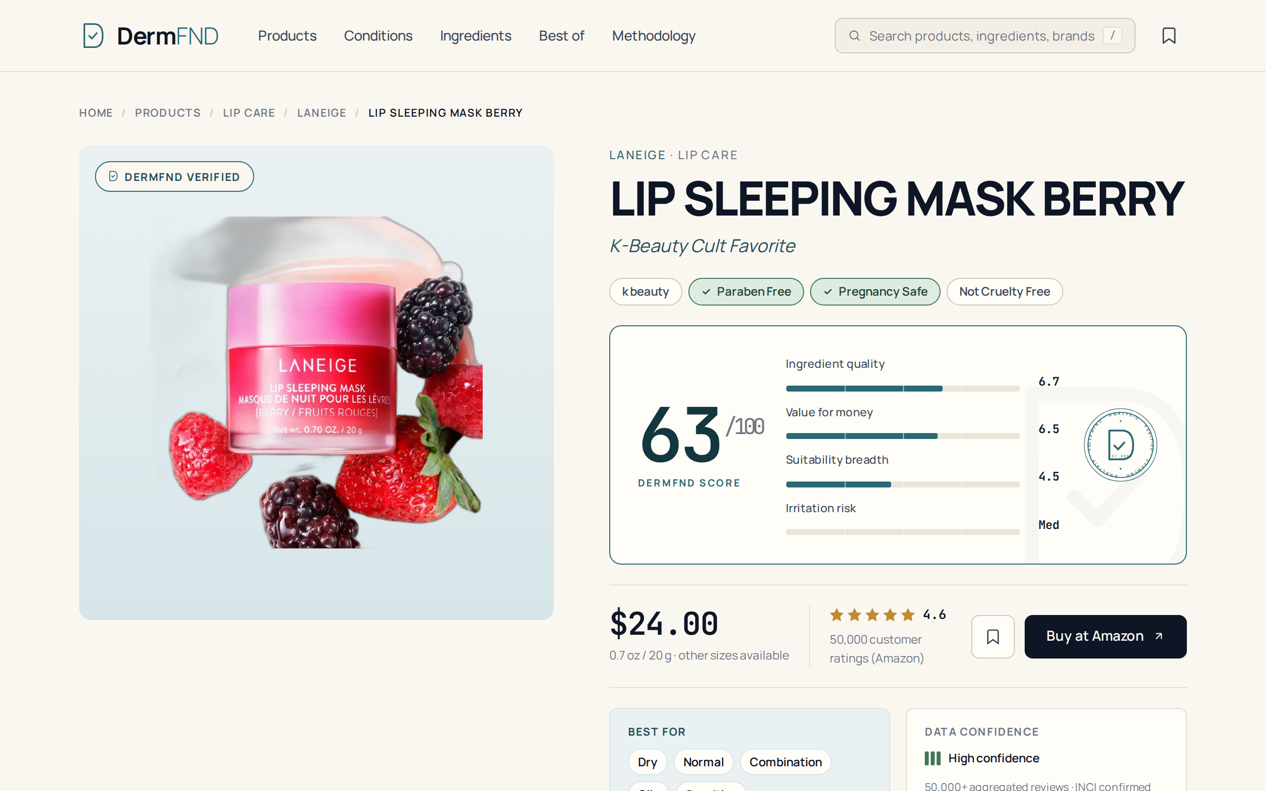 Derm FND's analysis page for the Berry mask