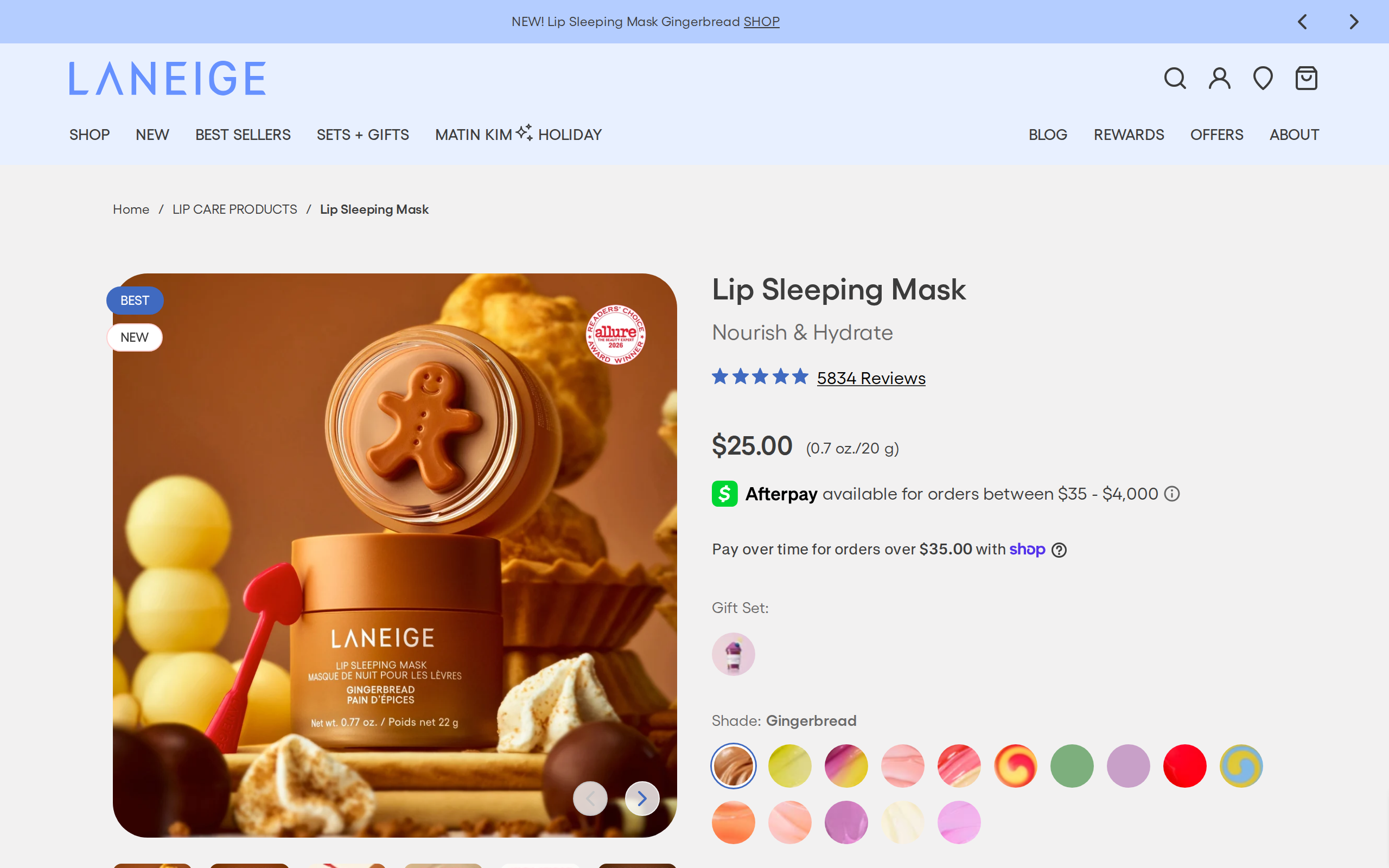 Laneige US product page for the Lip Sleeping Mask with the jar photographs and a $25 price