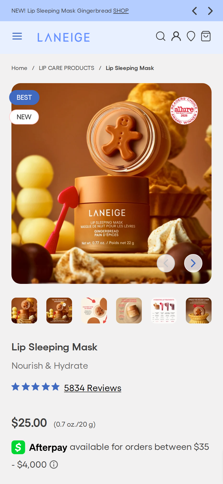 Laneige's product page at phone width