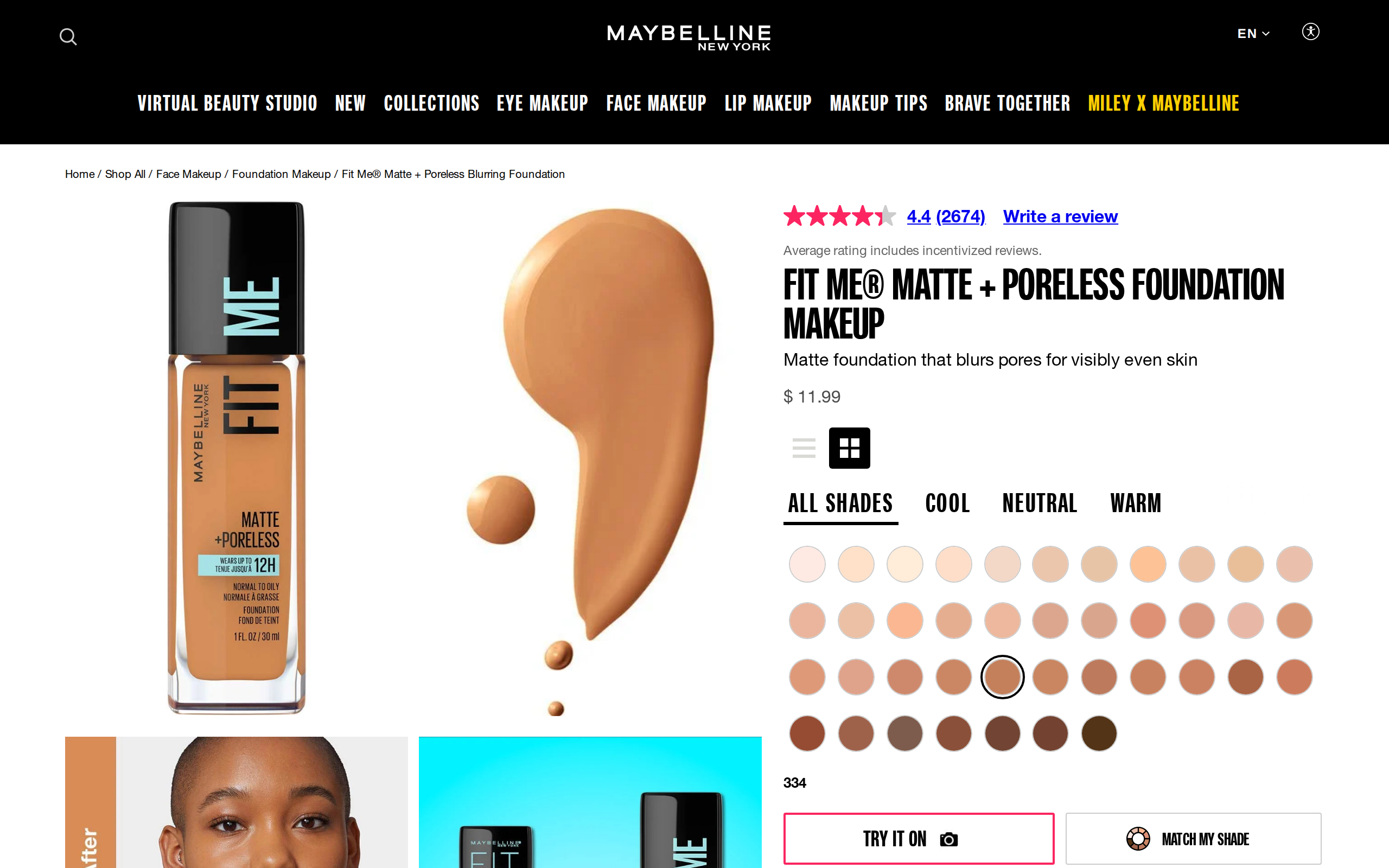 Maybelline product page for Fit Me Matte + Poreless Blurring Foundation showing the 334 Warm Sun bottle photographs