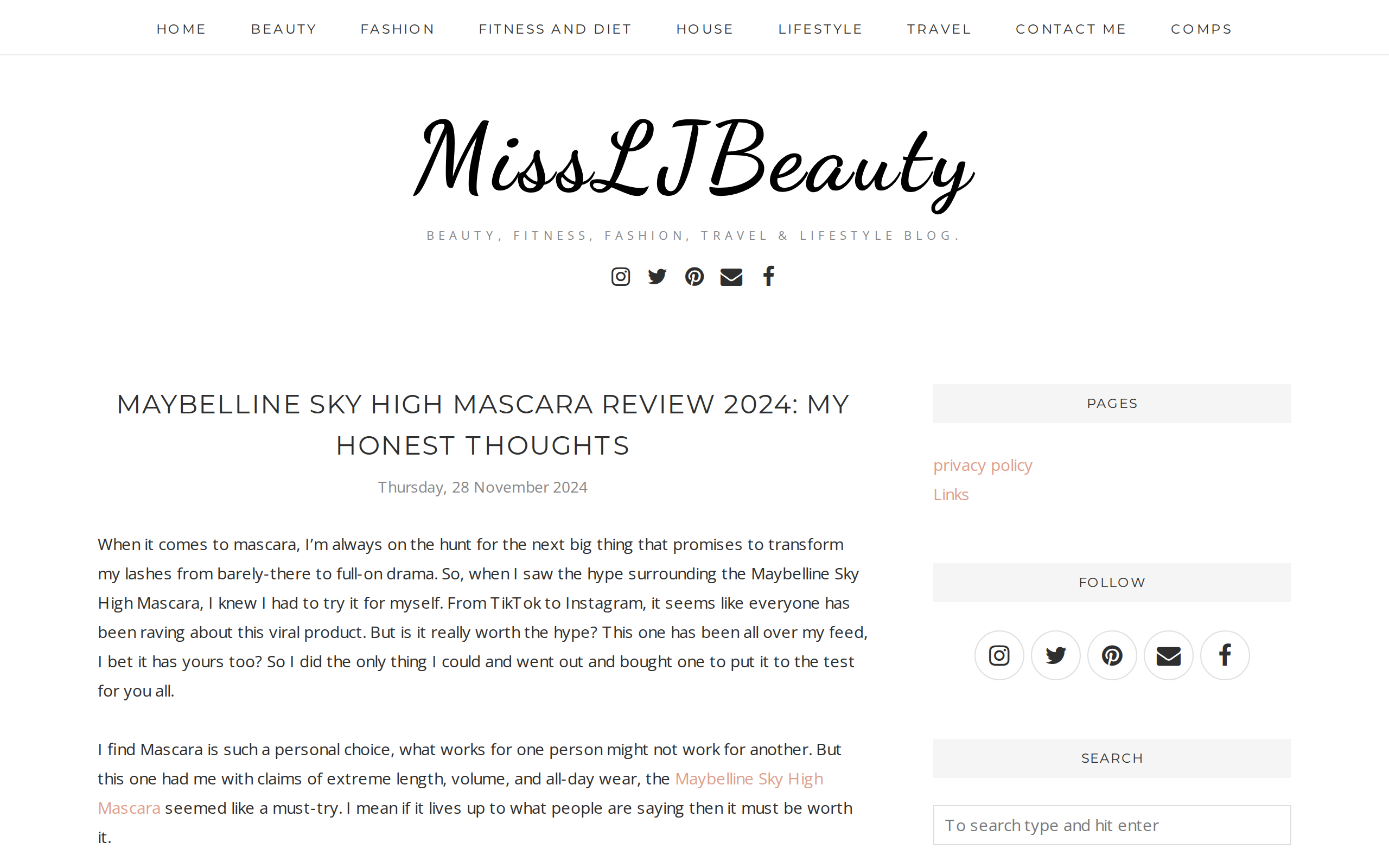 MissLJBeauty blog post titled Maybelline Sky High Mascara Review 2024: My Honest Thoughts