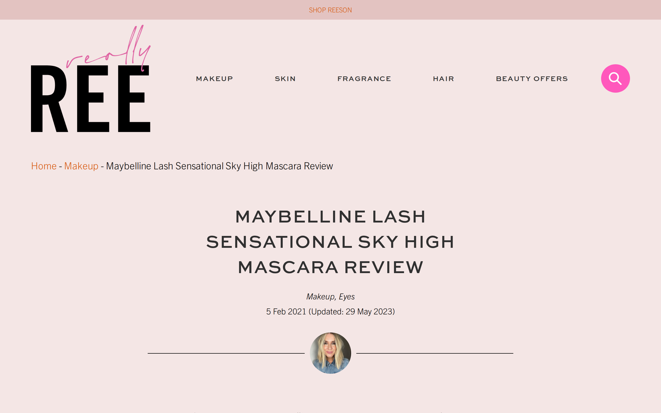 Really Ree's post headed Maybelline Lash Sensational Sky High Mascara Review, dated 5 Feb 2021 and updated 29 May 2023