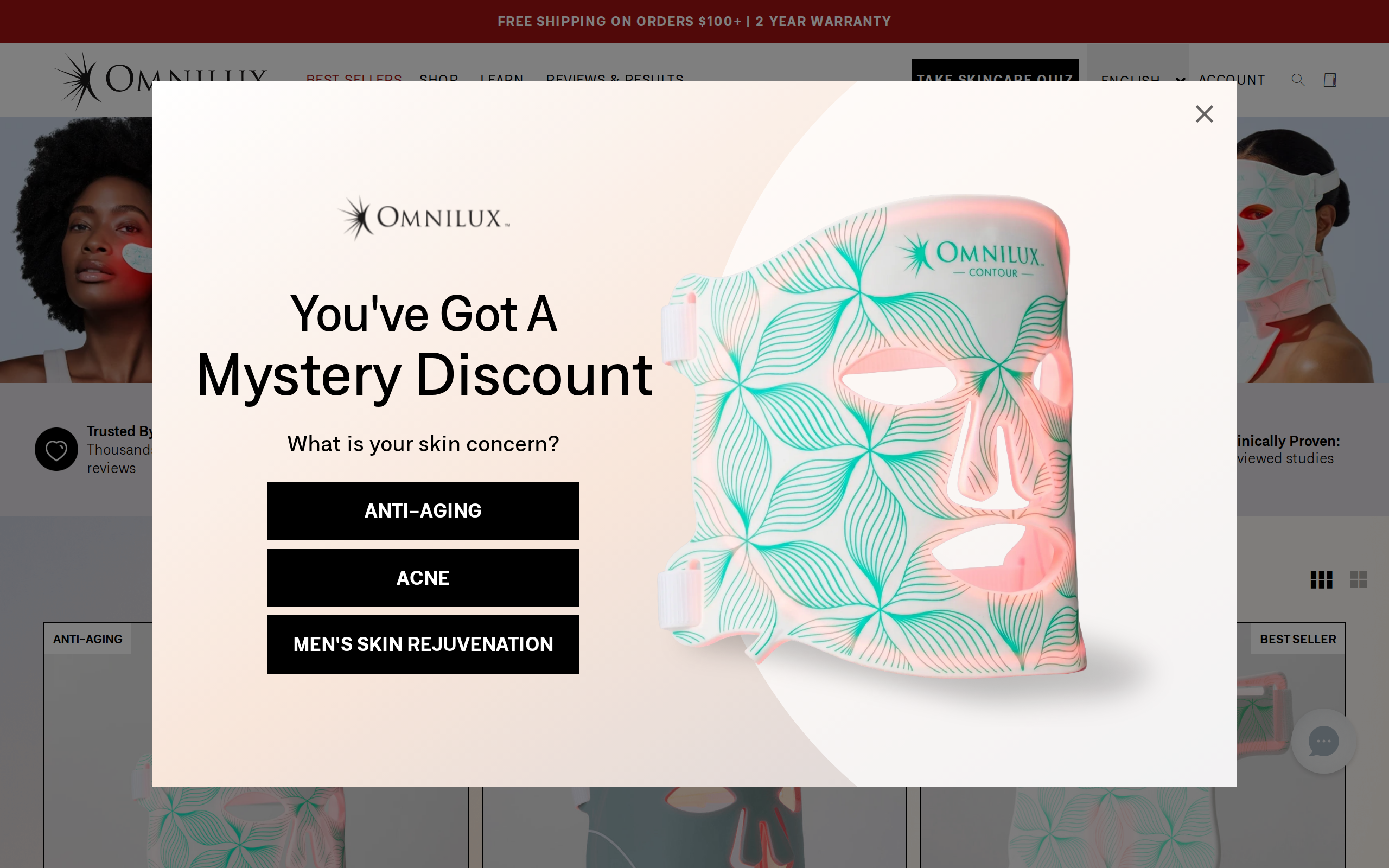 Omnilux shop-all page showing the Contour Face with a 2-year warranty banner
