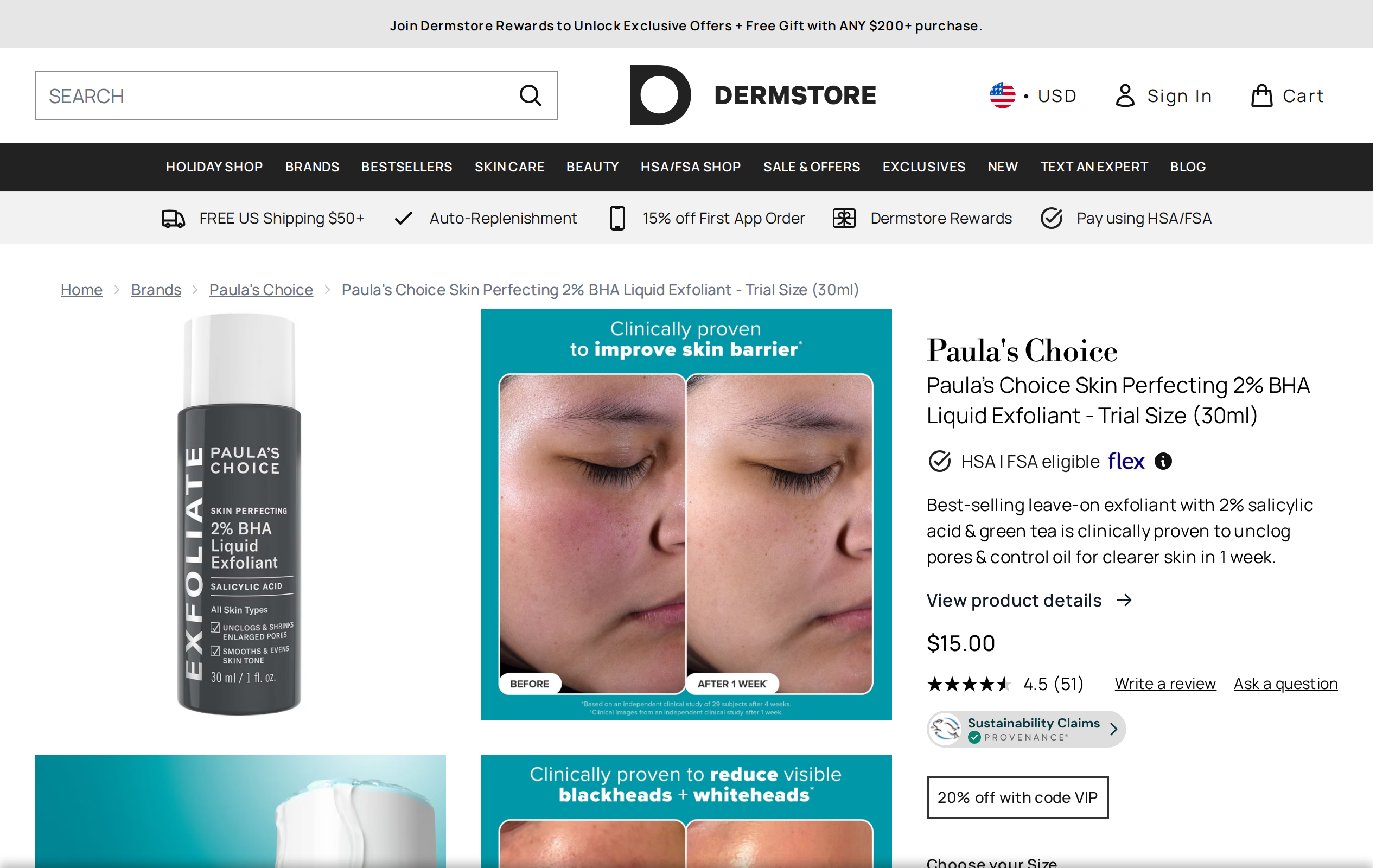 Dermstore listing for the Paula's Choice Skin Perfecting 2% BHA Liquid Exfoliant trial size with product photographs