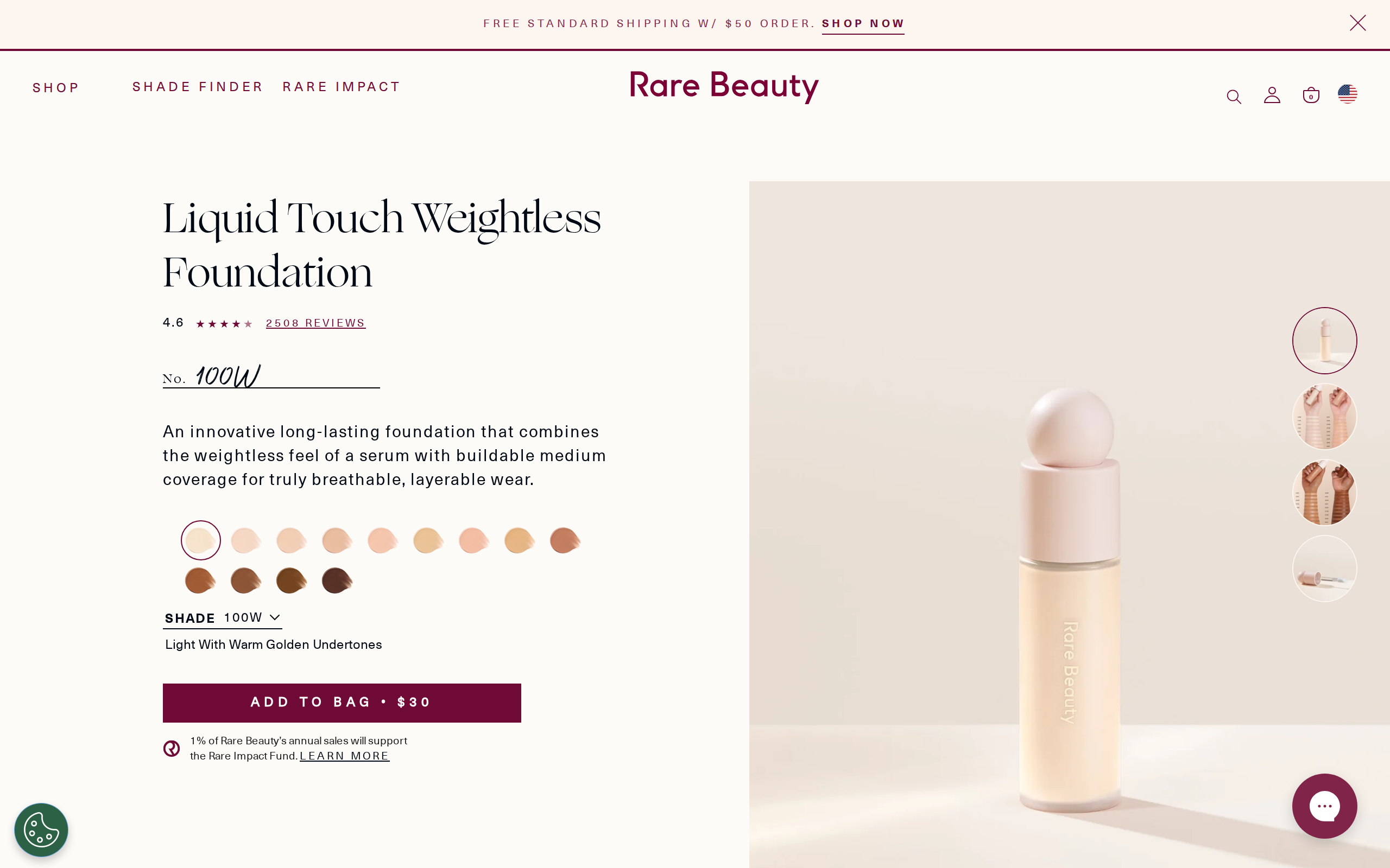 Rare Beauty product page for Liquid Touch Weightless Foundation in shade 100W priced at $30