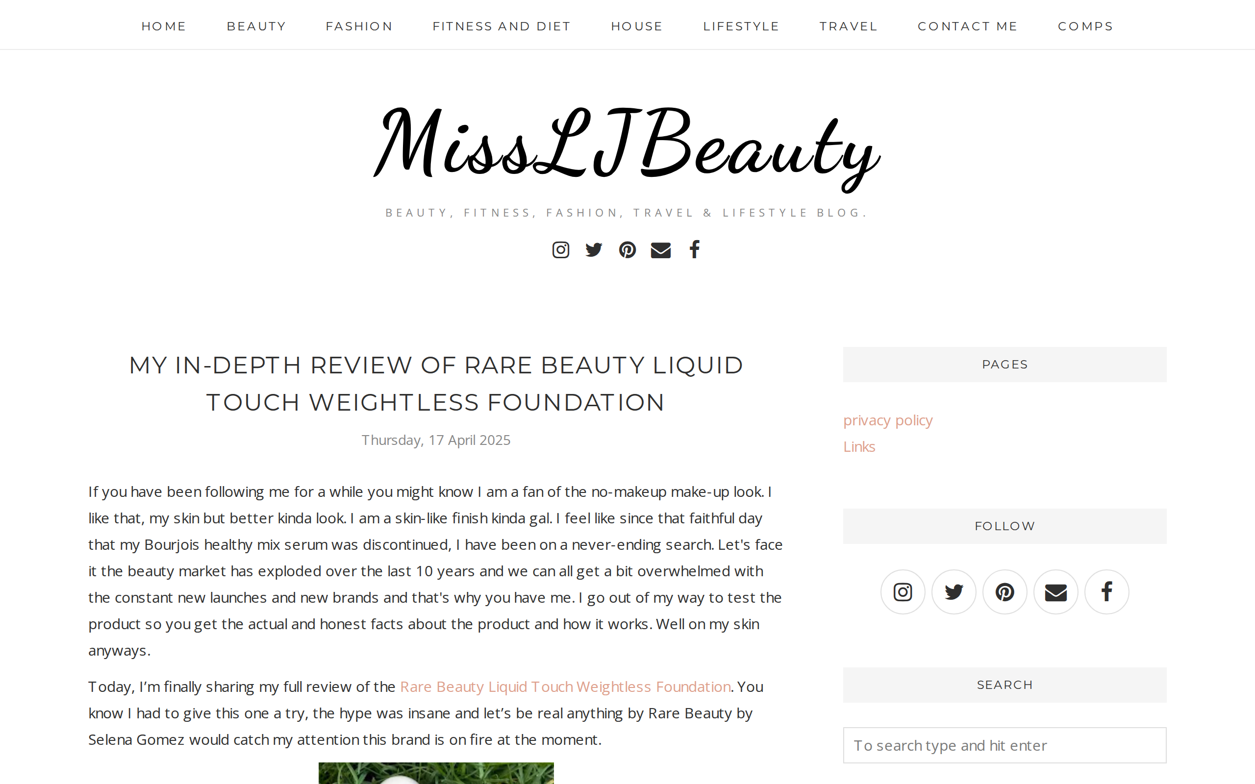 Review post on MissLJBeauty about the Rare Beauty Liquid Touch Weightless Foundation, with a bottle beside a pink flower