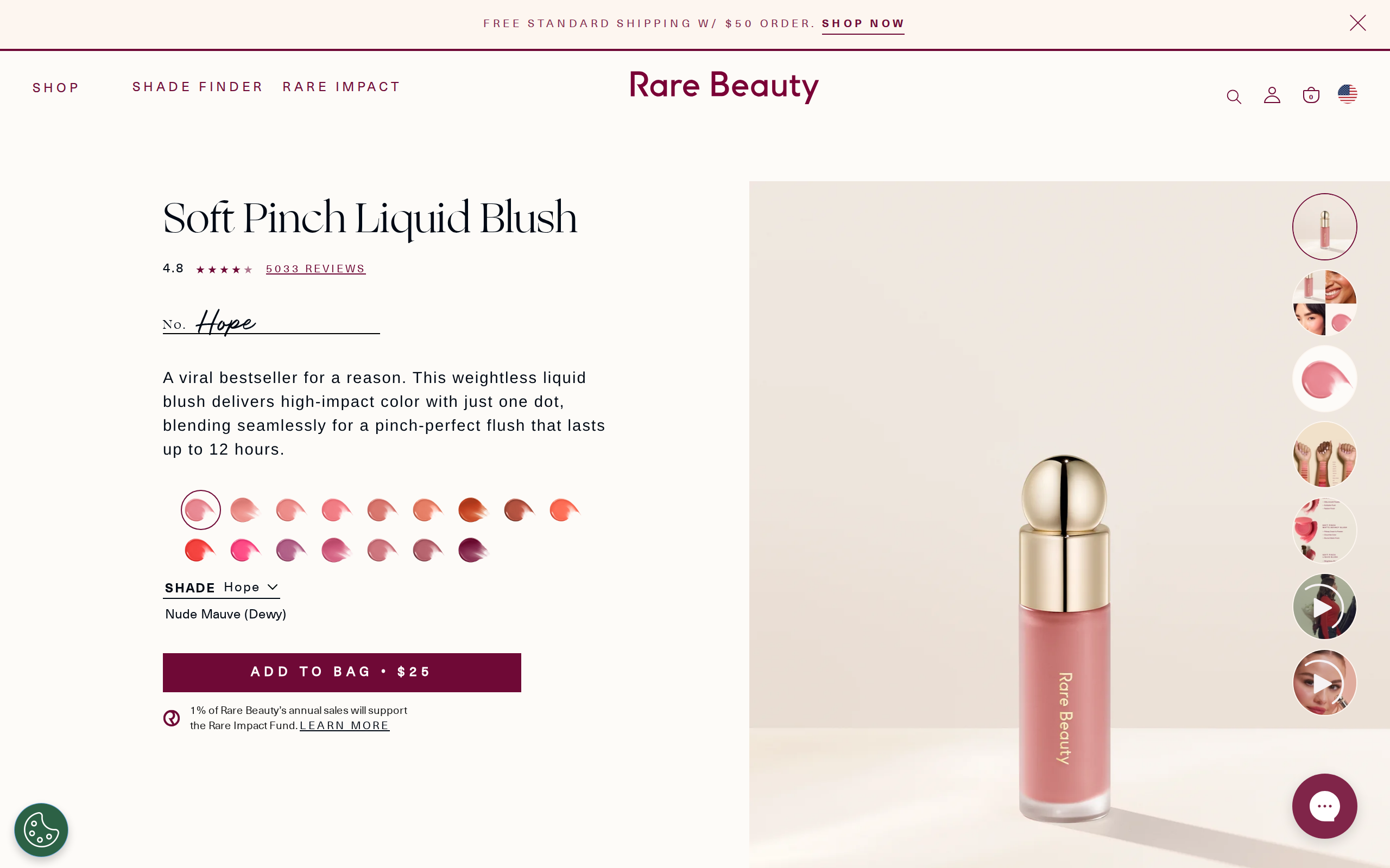 Rare Beauty product page for Soft Pinch Liquid Blush in the shade Hope, with the name and brand description