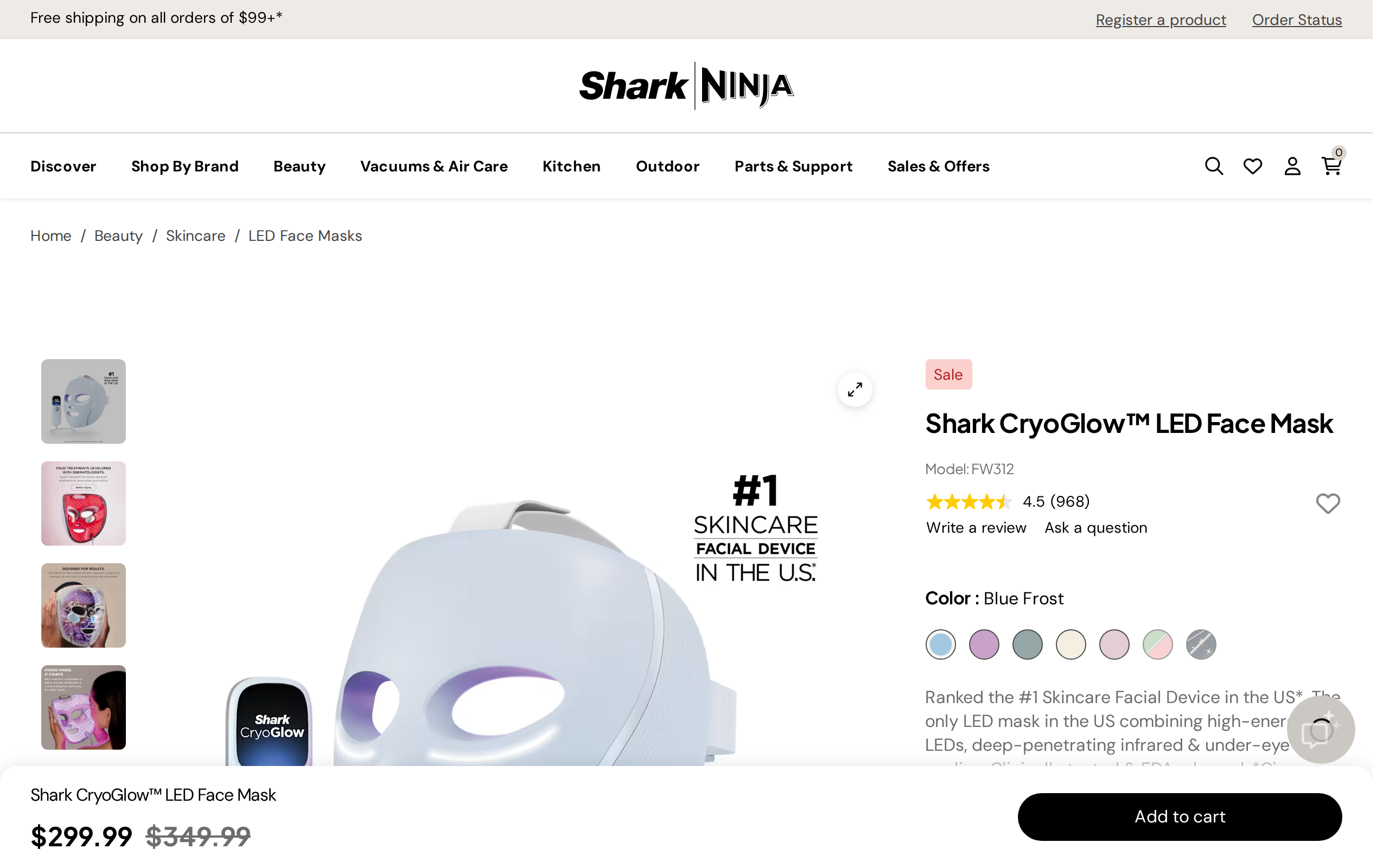 Shark product page for the CryoGlow LED Face Mask, item FW312, showing $299.99 and the earlier $349.99 price