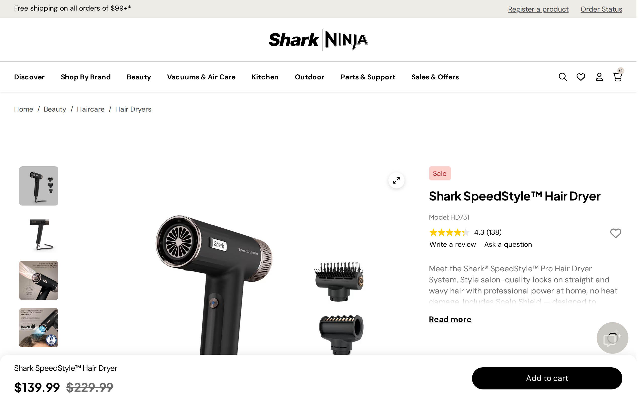 Shark's product page for the SpeedStyle Pro hair dryer showing the dryer image and prices of $99, $139.99 and $229.99