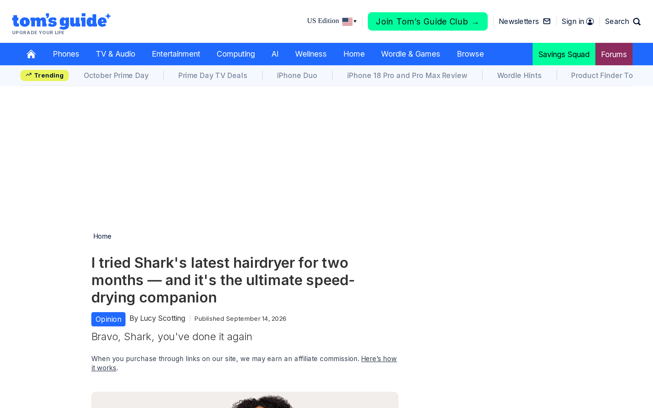 Tom's Guide's two-month review of a Shark hair dryer with a lifestyle image