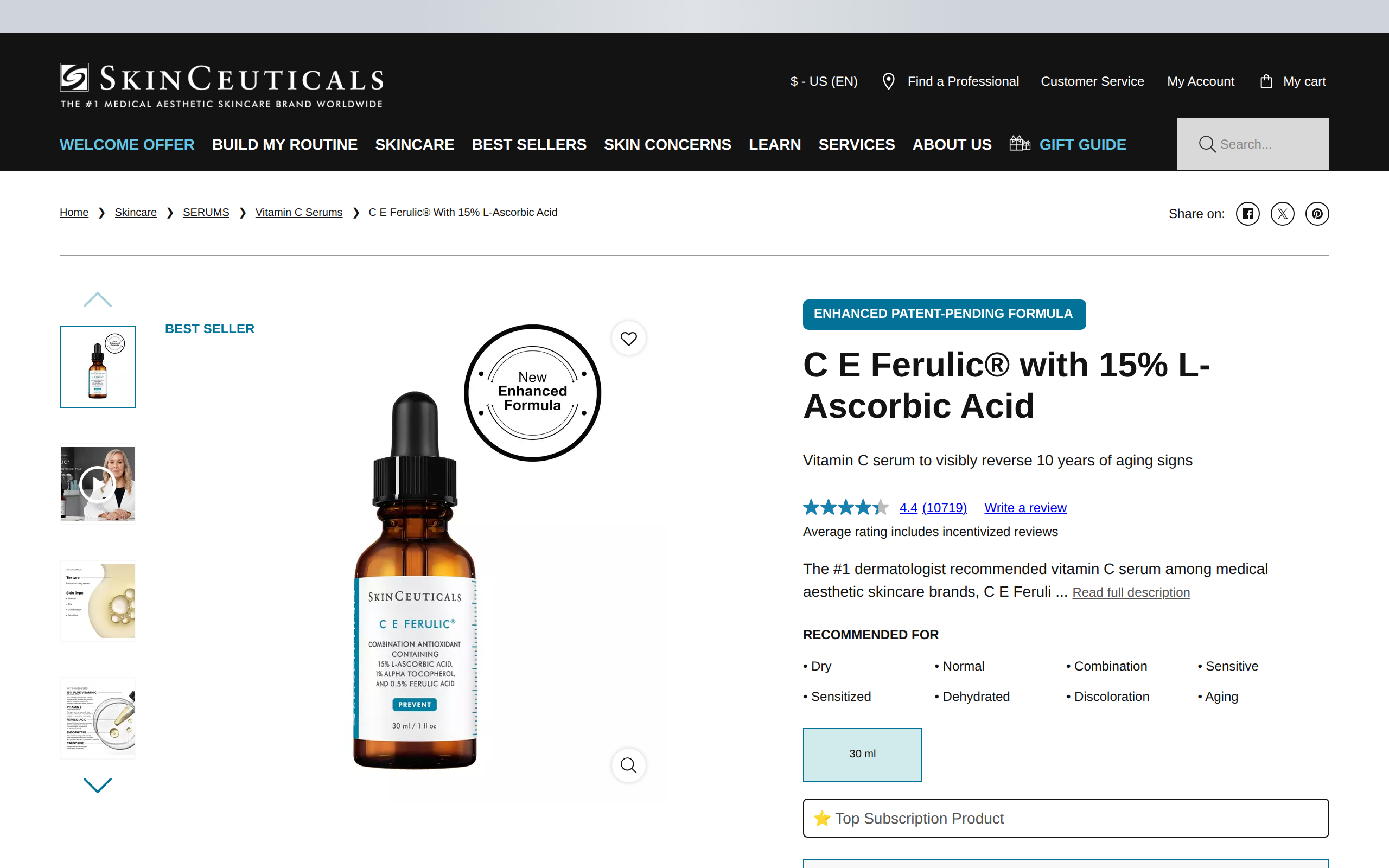 SkinCeuticals product page for C E Ferulic with 15% L-Ascorbic Acid, showing the product name and bottle image