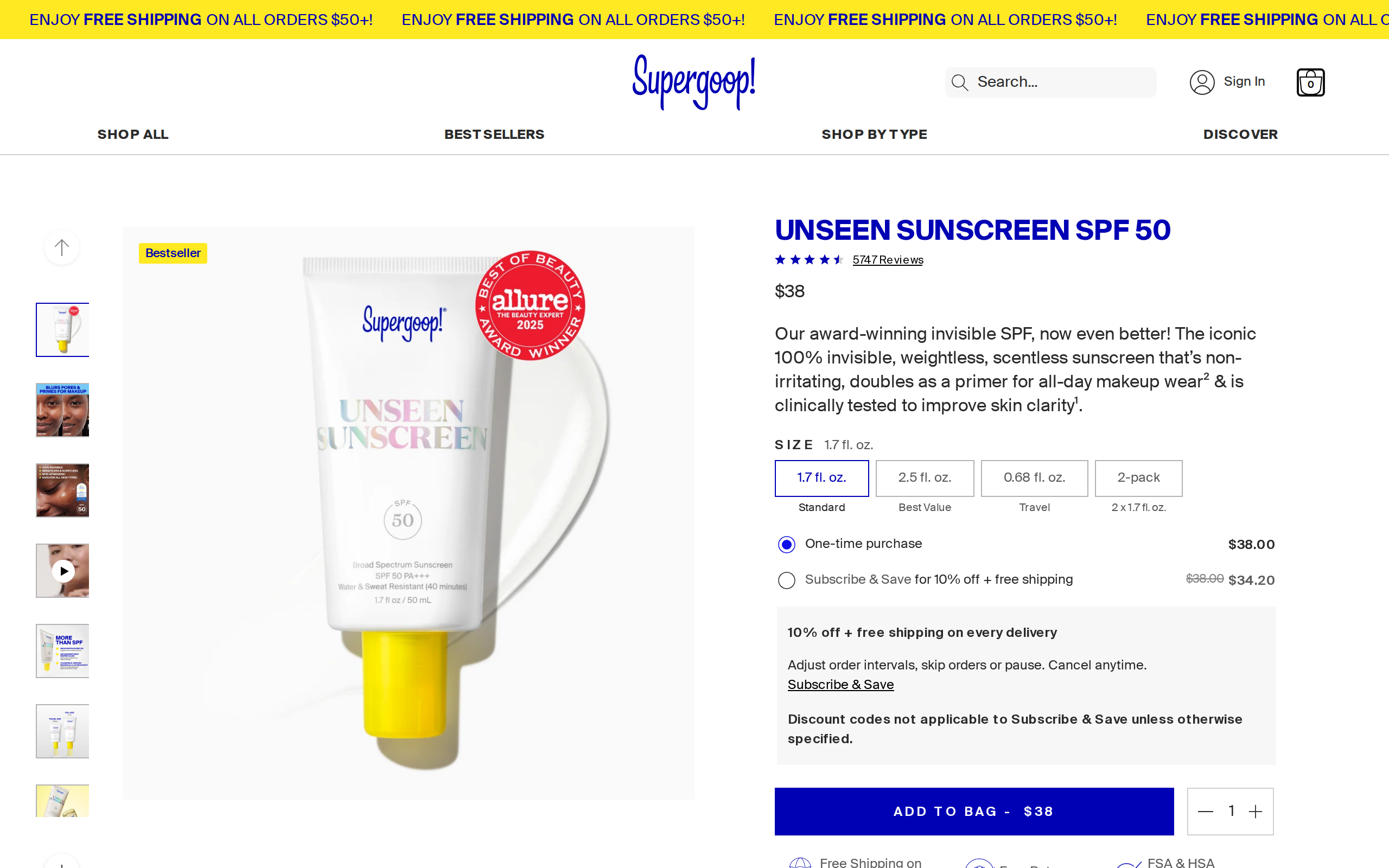 Supergoop product page for Unseen Sunscreen SPF 50 with the bottle photograph and a $38 price