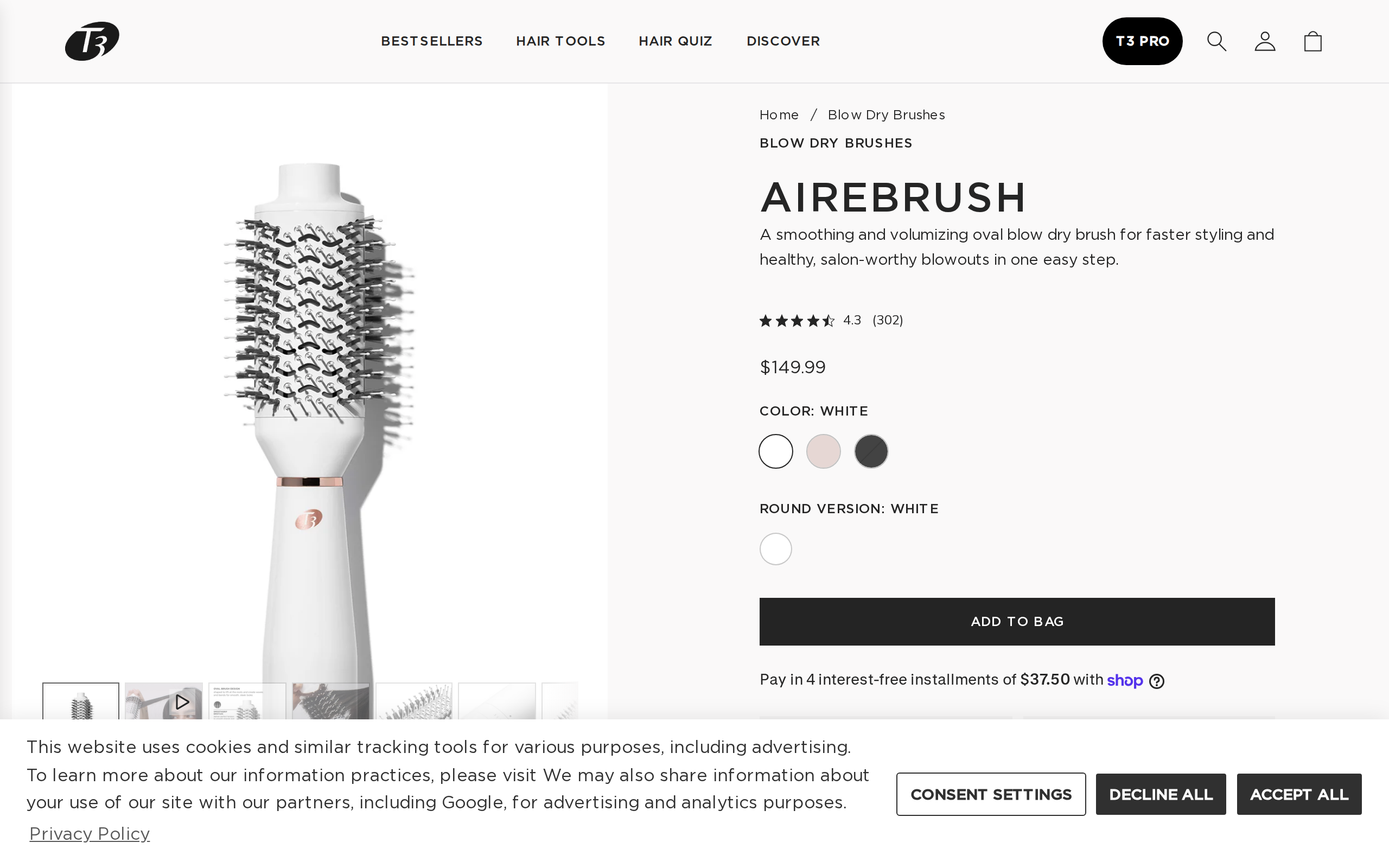 T3 product page for the AireBrush showing the white oval dryer brush and a $149.99 price