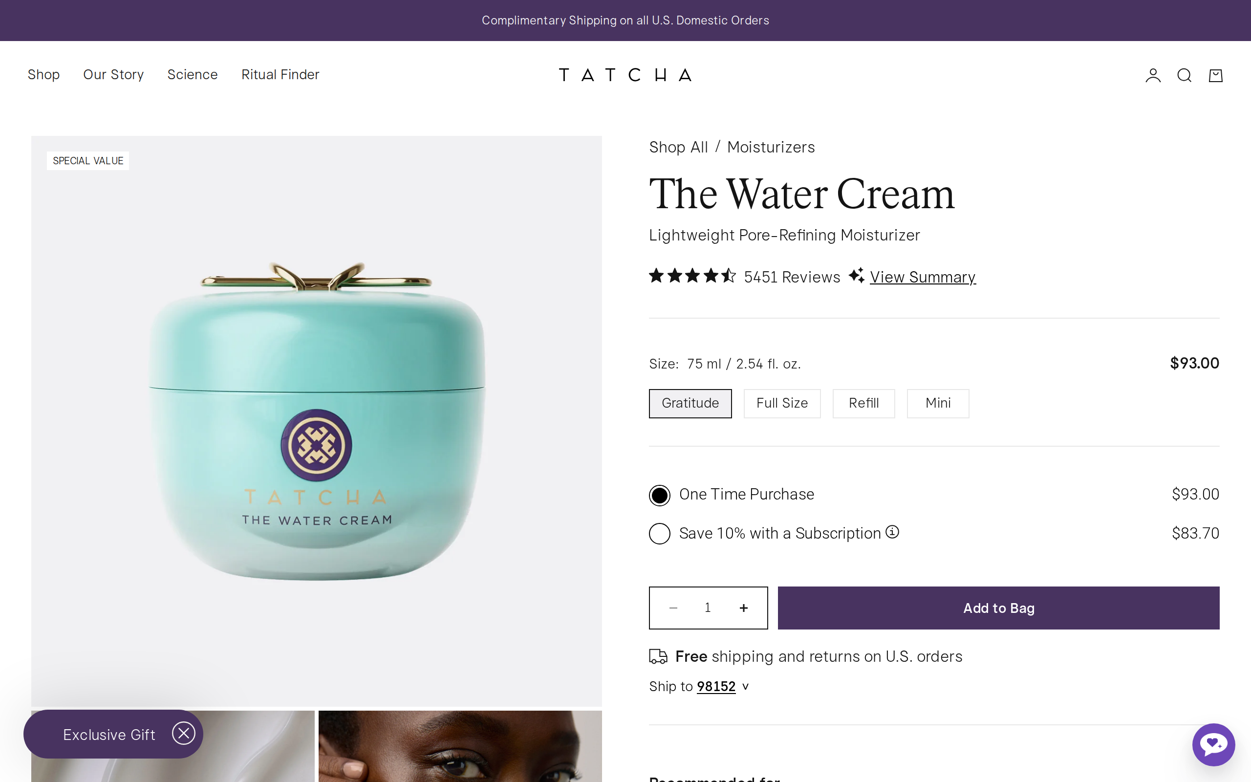 Tatcha's product page for The Water Cream, a lightweight pore-refining moisturizer, with the jar shown beside the product name