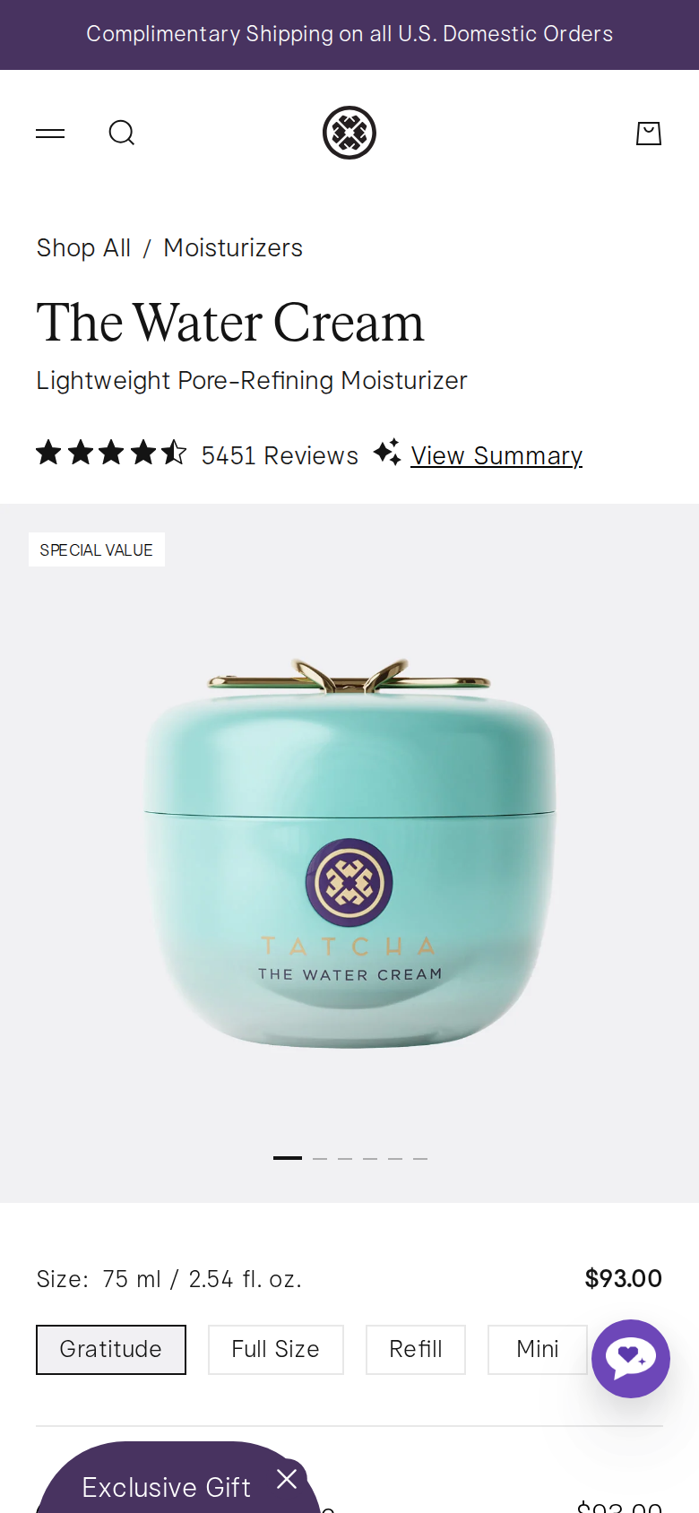 Tatcha's product page for The Water Cream on a phone screen