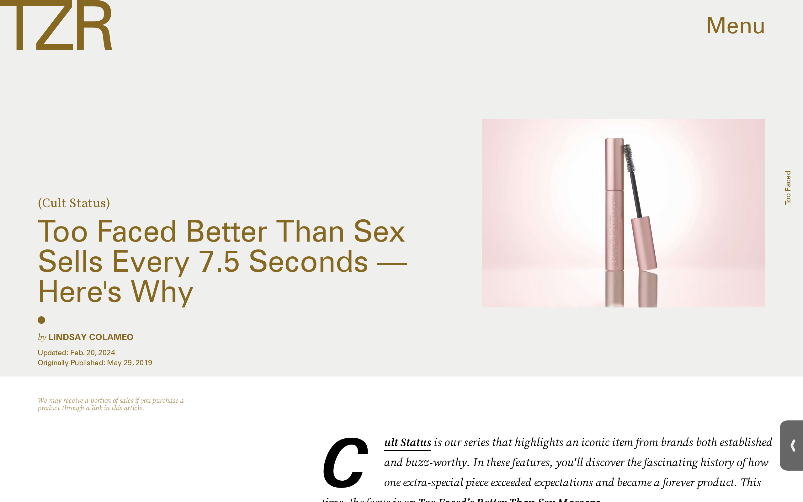 The Zoe Report feature on Too Faced Better Than Sex mascara with the tube and its wand beside it