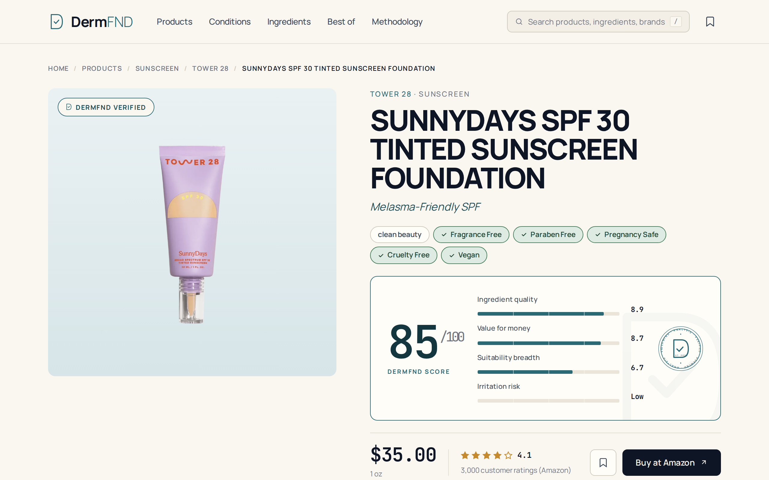 DermFND's page for the SunnyDays SPF 30 Tinted Sunscreen Foundation, showing the frosted pump bottle and a $35.00 price