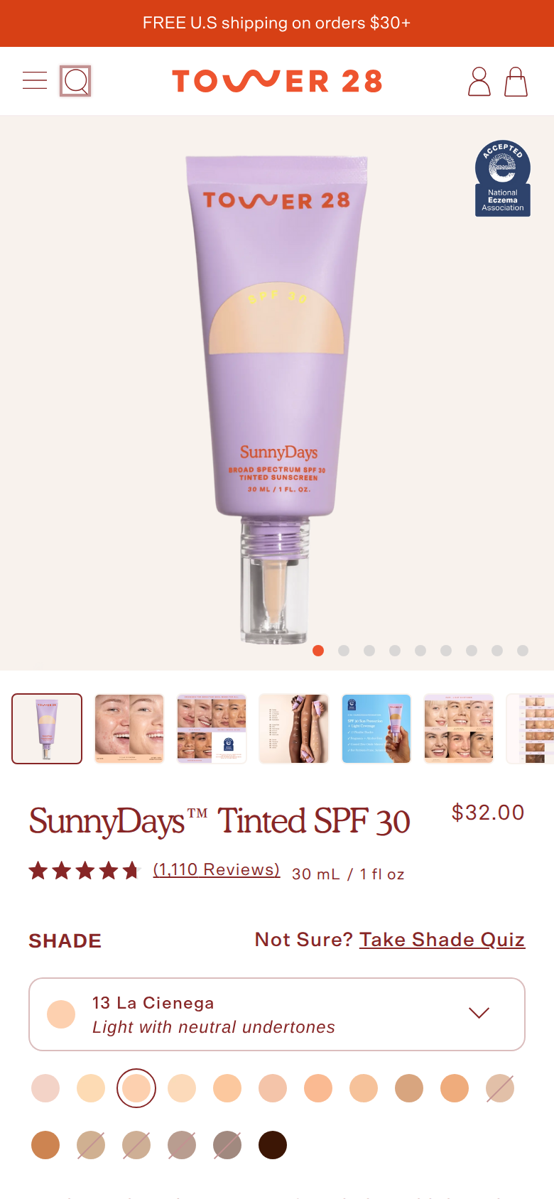 The Tower 28 SunnyDays page on a phone, with the product image in shade 13 La Cienega and a $30 price shown