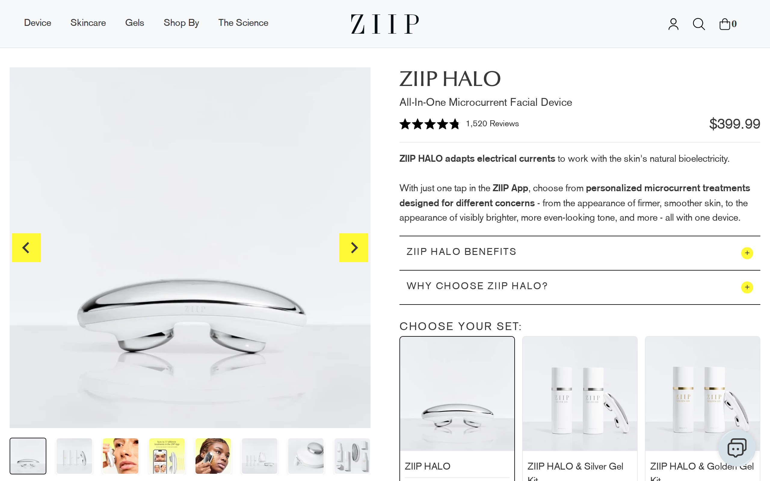 ZIIP's product page for the ZIIP HALO all-in-one microcurrent facial device with the device images and a $399.99 price