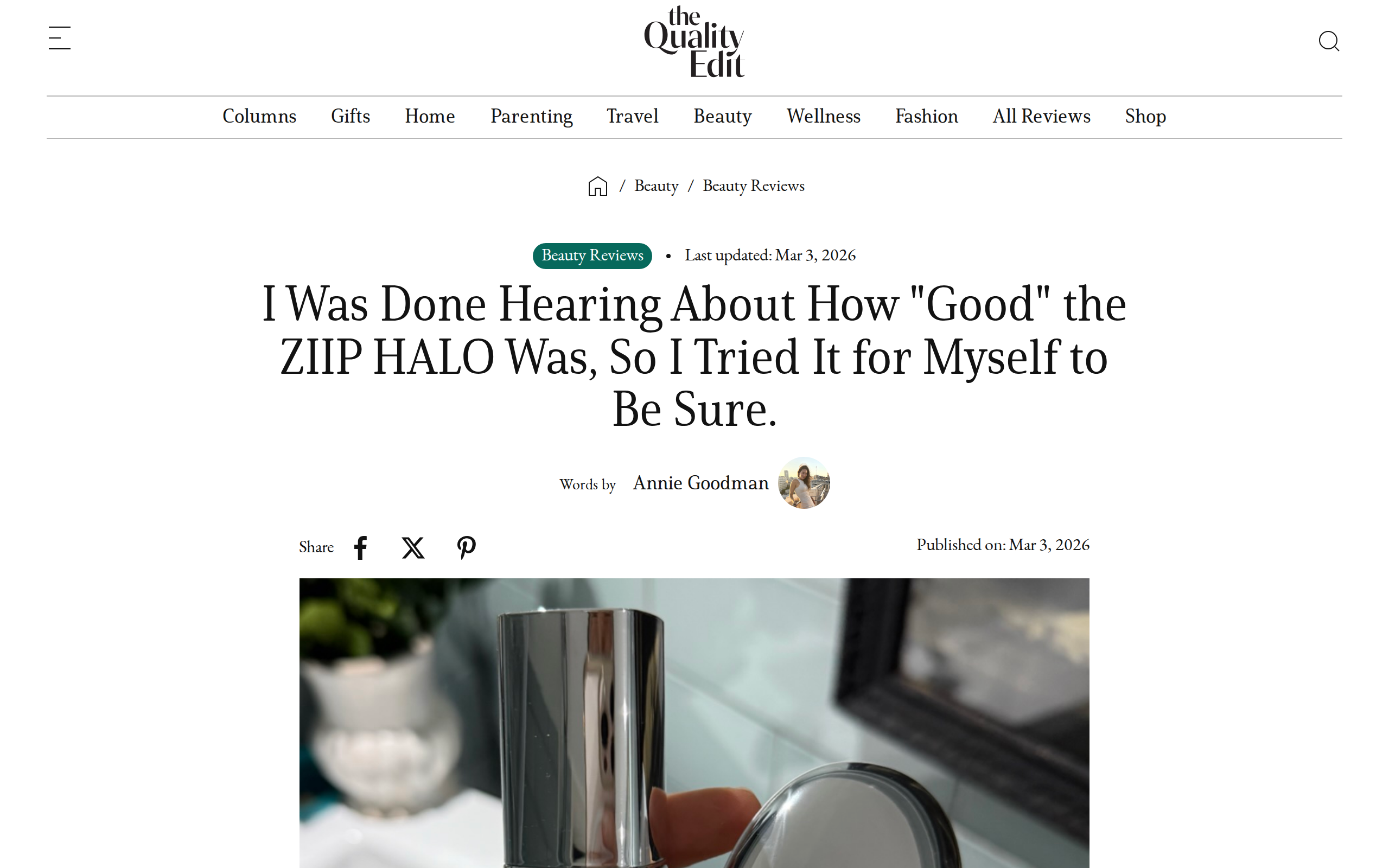 The top of The Quality Edit's review of the ZIIP HALO with the headline about trying it for herself