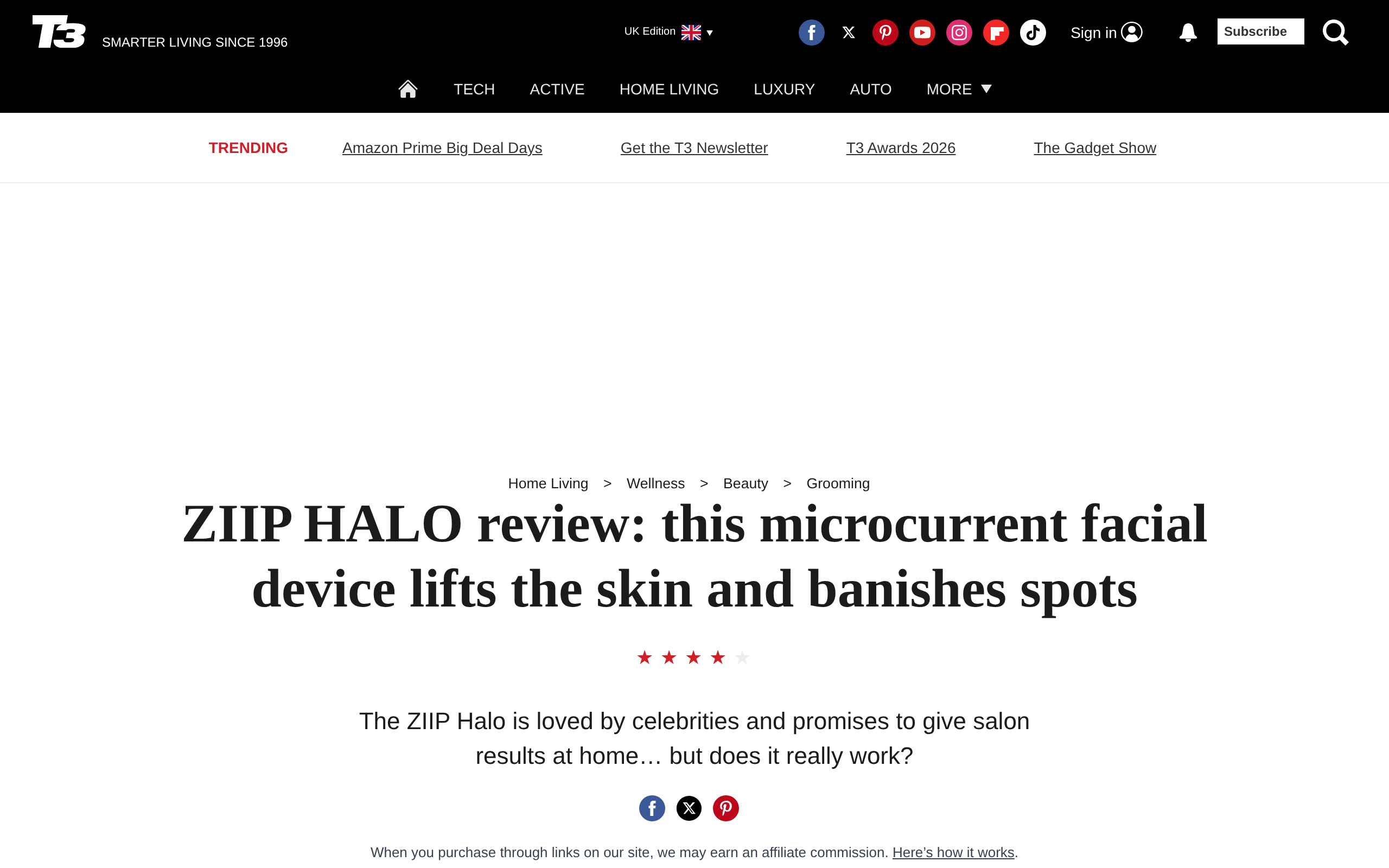 T3's review of the ZIIP HALO, headlined as a microcurrent device that lifts the skin, with a note that celebrities love it
