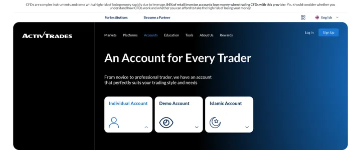 ActivTrades "An Account for Every Trader" page describing its account range for novice to professional traders
