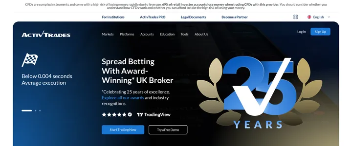 ActivTrades spread betting page headline 'Spread Betting With Award-Winning UK Broker' marking 25 years of the company