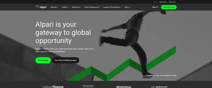 Alpari homepage headline reading Alpari is your gateway to global opportunity, with an illustration of a man leaping between buildings