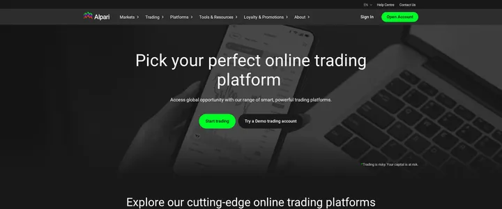 The Alpari platforms page listing MetaTrader 4 and MetaTrader 5 across desktop, web and mobile