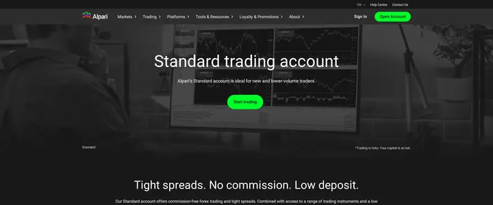 The Alpari Standard account page, showing the tagline Tight spreads, no commission, low deposit