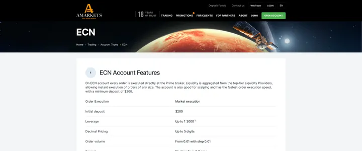 AMarkets ECN account page describing orders executed directly at the Prime broker with liquidity aggregated from top-tier providers