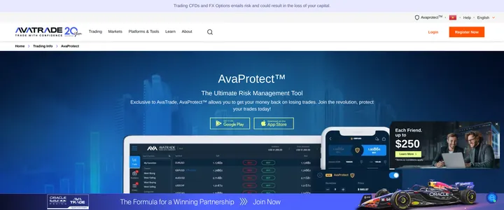 AvaTrade's AvaProtect page headed 'AvaProtect: The Ultimate Risk Management Tool' with a partnership banner and a $250 example price shown below